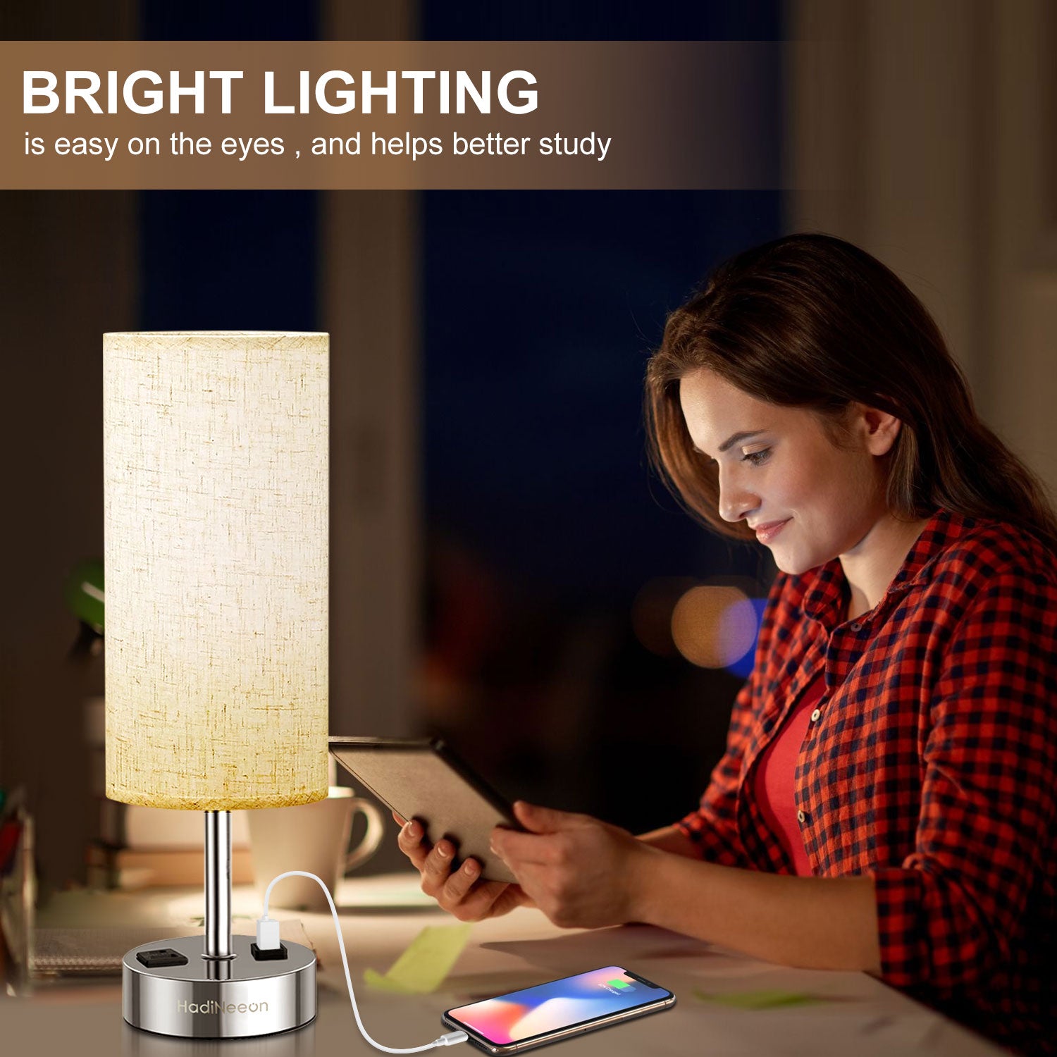 Table Lamp with 3-Way Dimmable Touch, Dual USB Charging Ports, AC Outlet, Flaxen Fabric Shade - 14.5", for Bedroom, Living Room - Includes LED Bulb