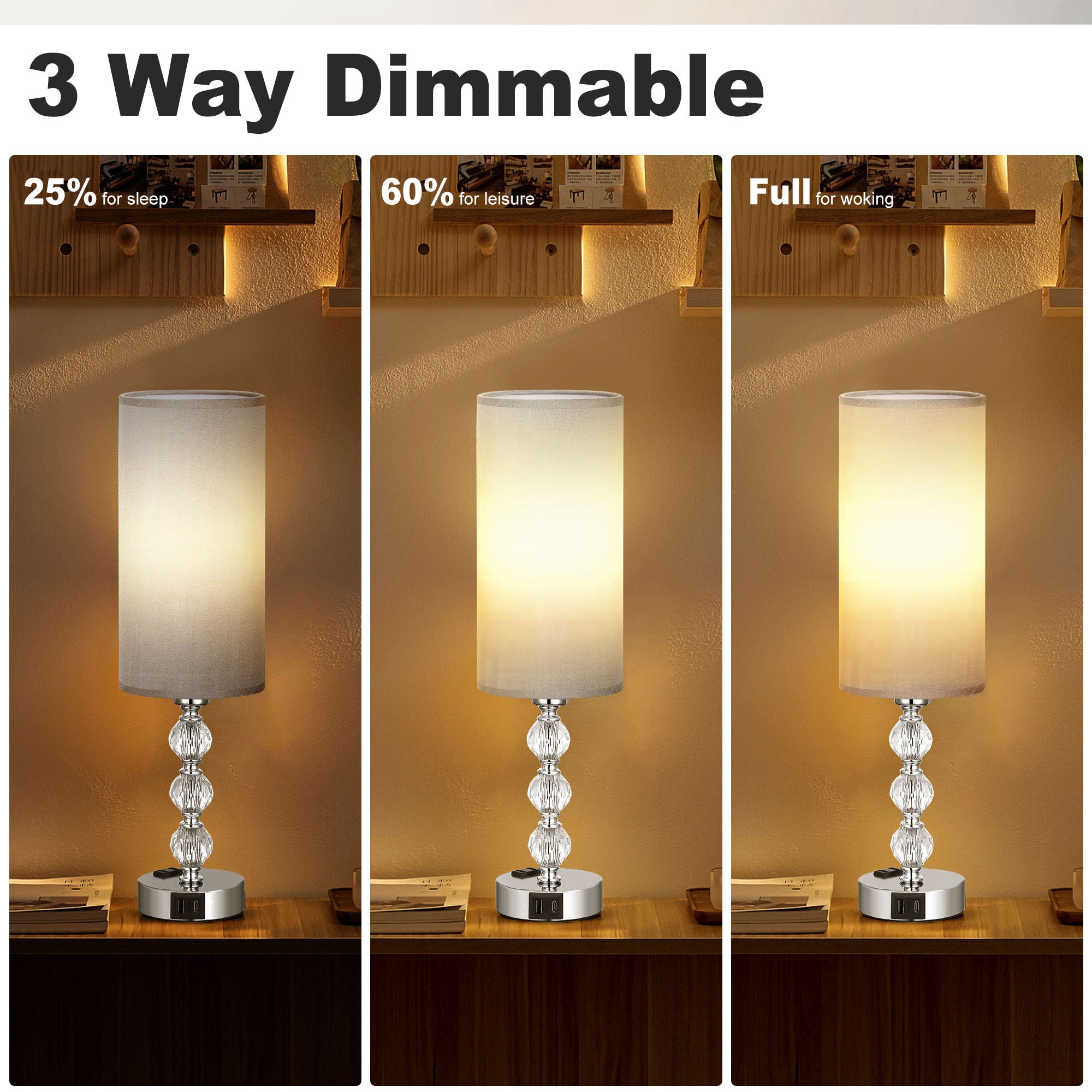 Crystal Table Lamp 14.6", 3-Way Dimmable with Touch Control, USB Charging Port, AC Outlet – Suitable for Living Room, Bedroom, Study - Lighting