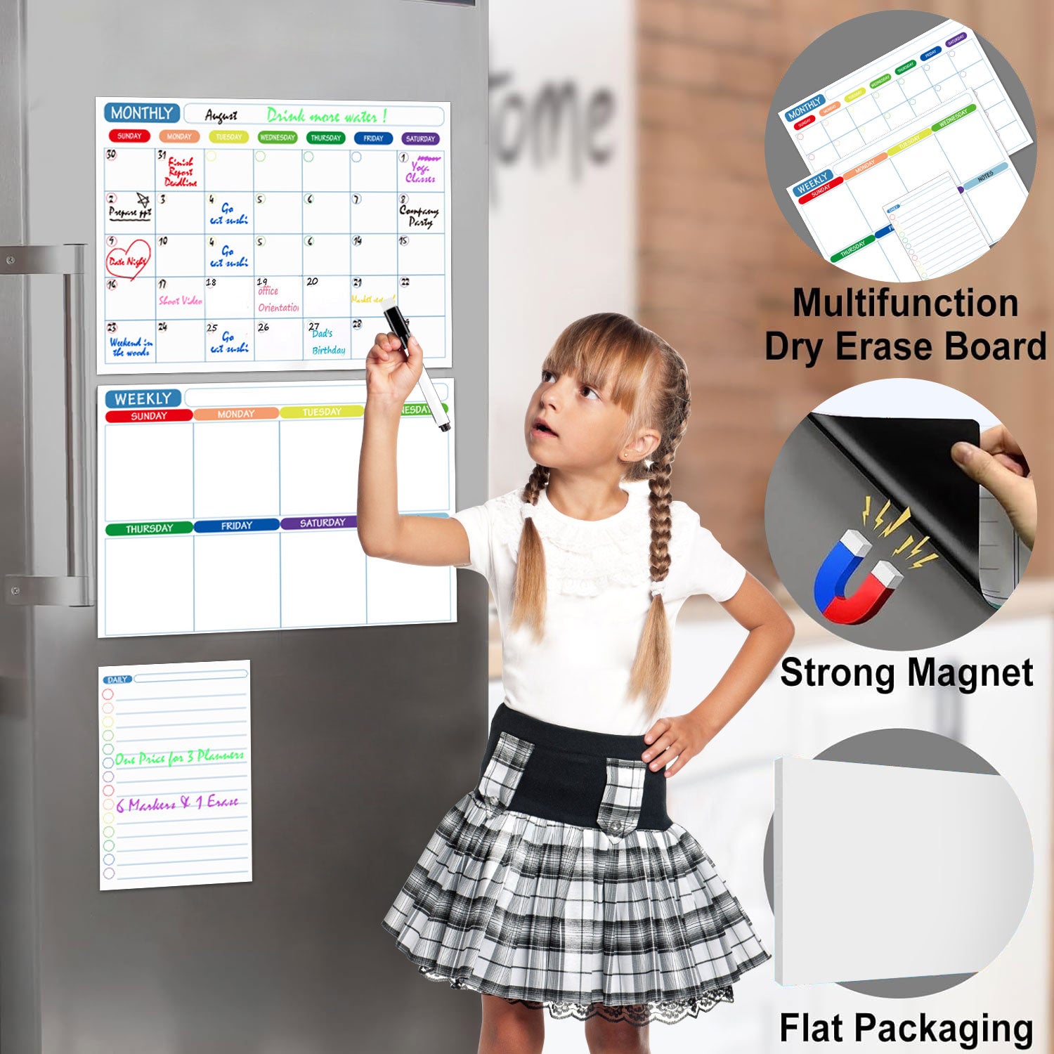 3 Pack Magnetic Dry Erase Calendar Board for Fridge&Wall, Whiteboard Organizer Planner with Monthly, Weekly, and Daily Notepads. Fridge Calendar Comes with 6 Markers and 1 Eraser