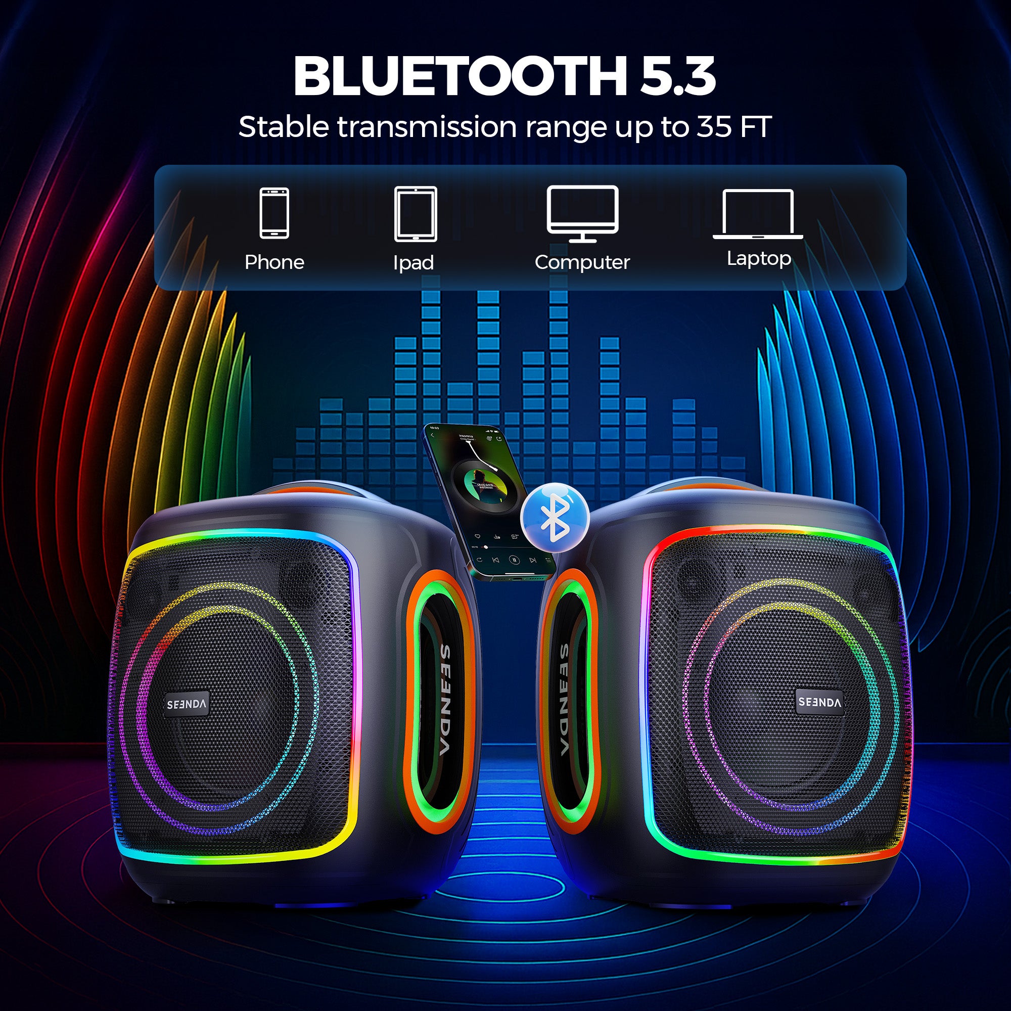 Seenda Karaoke Machine with 2 Wireless Microphones, Bluetooth, Double 6.5" & 1.5" Tweeter Speakers, IPX5 Waterproof, and RGB Lights – Portable PA System for Indoor & Outdoor Parties