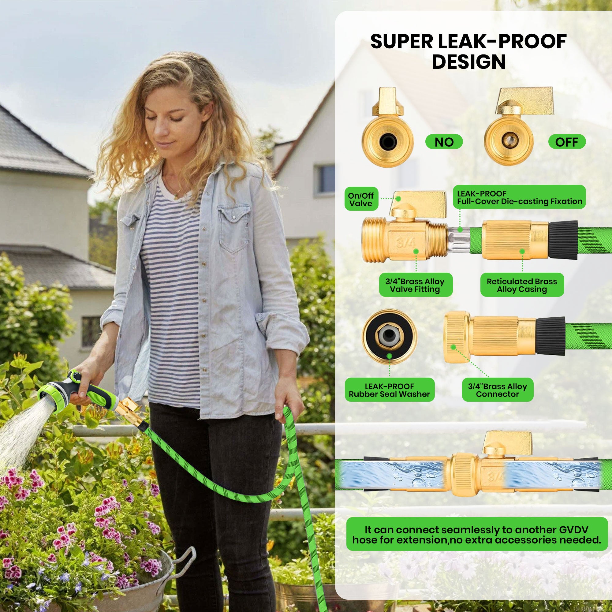 GVDV Garden Hose, 3/4" x 75ft Water Hose with 10 Function Spray Nozzle, Leakproof, Light Weight, 375Psi