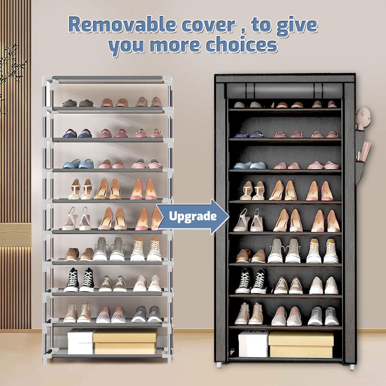 10 Tier Shoe Rack with Covers,Large Capacity Stackable Tall Shoe Organizer Storage Shoes and Boots Sturdy Metal Free Standing Shoe Shelf Organizer for Closet Entryway Garage Bedroom