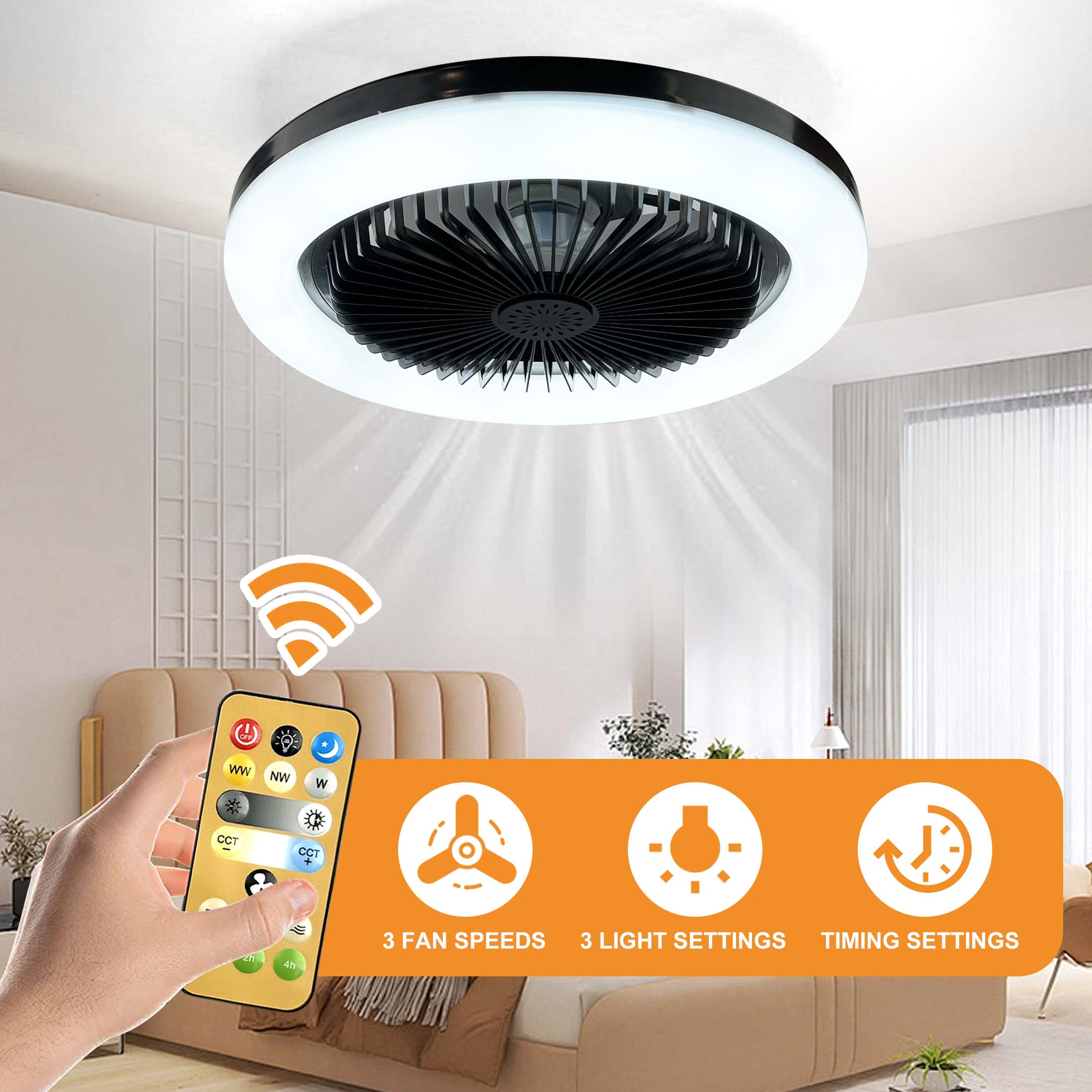 10" Socket Ceiling Fan with Light - Remote Control, 3 Blade Design, Dimmable 3 Light Colors, 3 Speeds