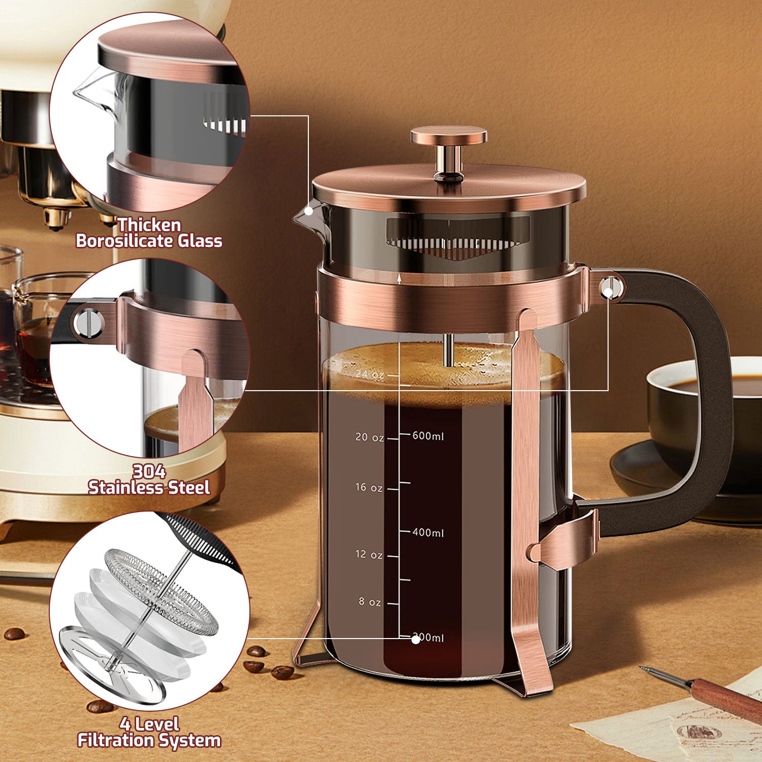 HadinEEon French Press Coffee Maker, 34oz Stainless Steel French Press with 4 Filter, Copper