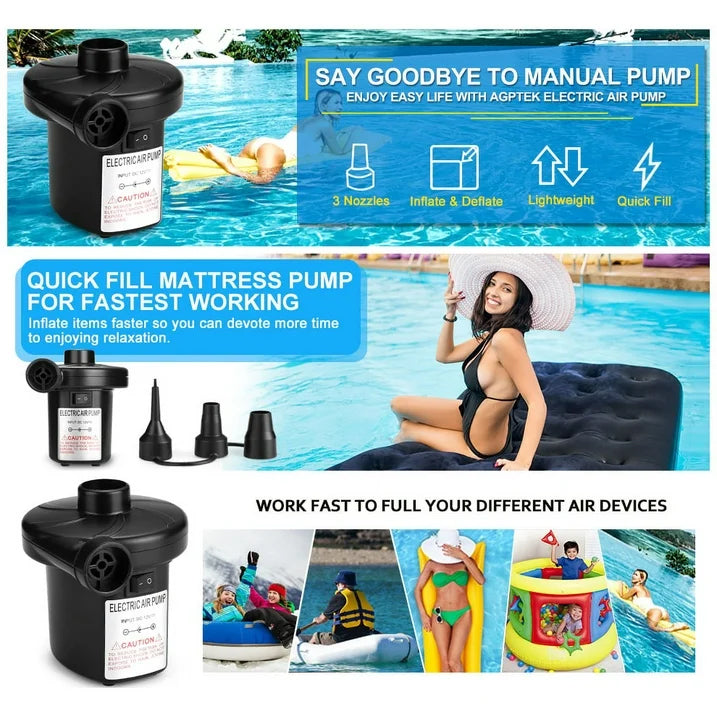 Electric Air Pump Air Mattress Portable Pump for Inflatables Couch, Pool Floats, Blow up Pool Raft Bed Boat Toy, Quick-Fill Inflator/Deflator with 3 Nozzles, 110V AC/12V DC, Black