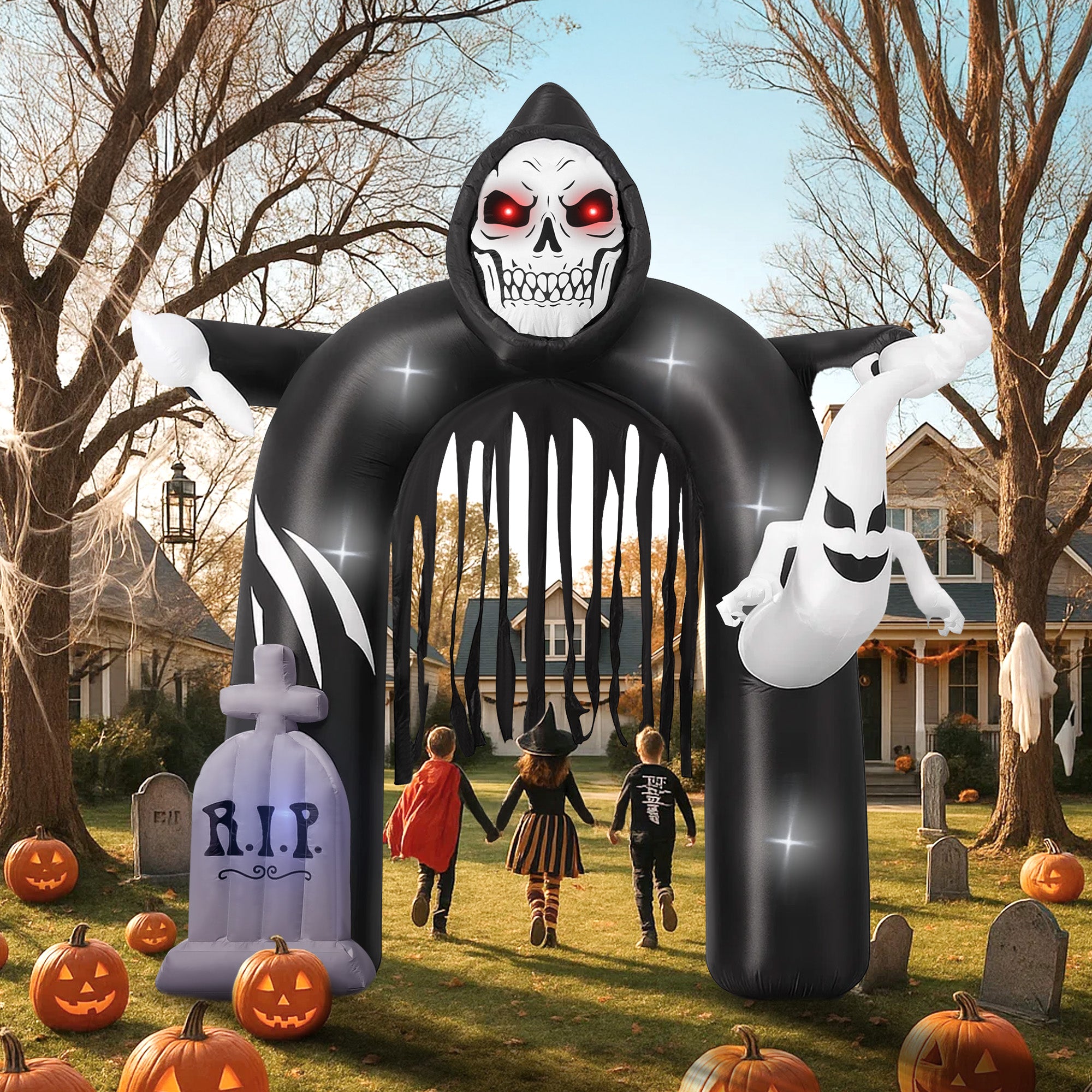 GVDV 10 FT Halloween Inflatables Archway, Halloween Archway Inflatables Ghost, Blow Up Yard Decorations with Ghost and Build-in LEDs