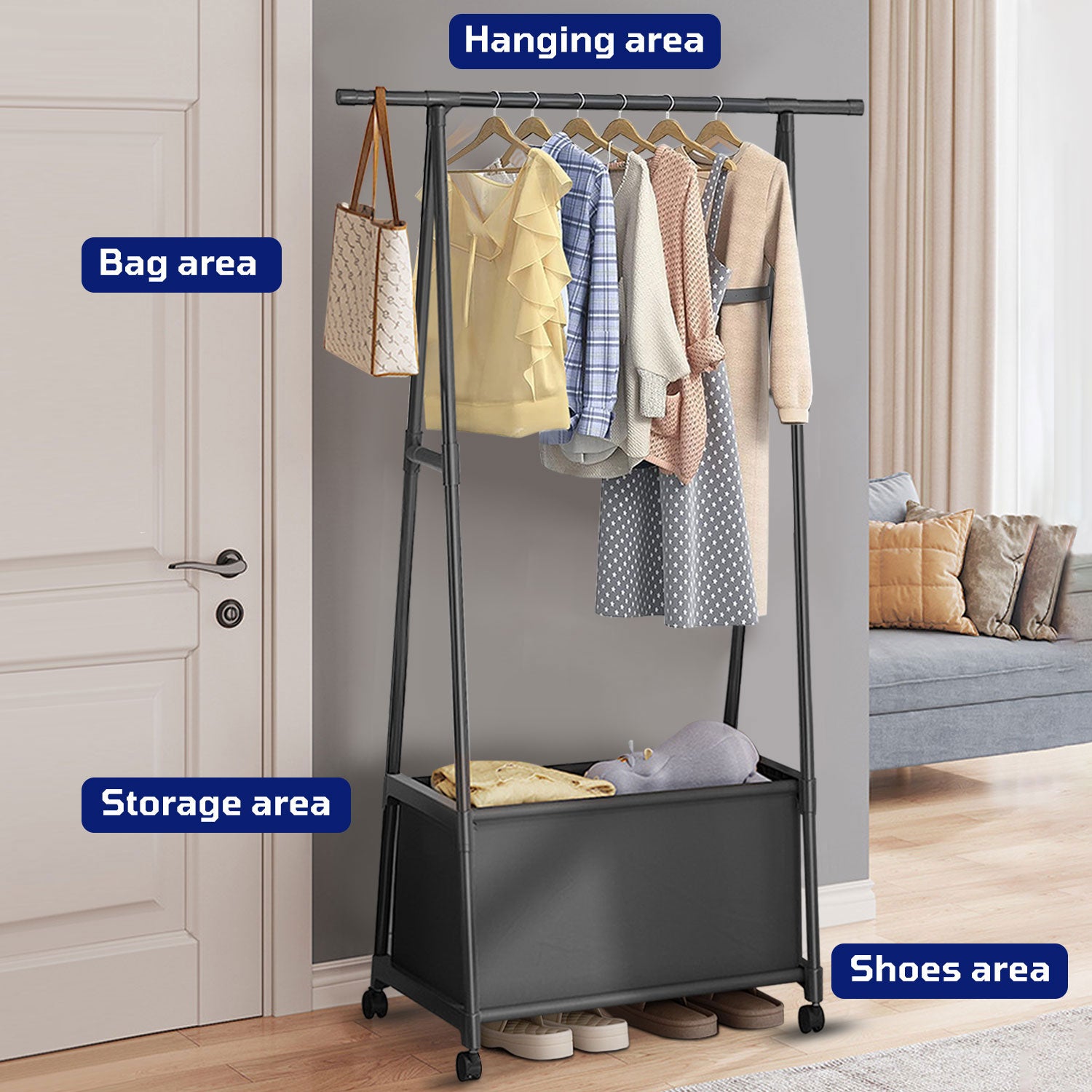 Clothes Rack, Triangle Garment Rack, Clothes Storage Organizer on Wheels, Portable Laundry Coat Rack, Closet Rack for Hanging Clothes, Clothing Rack for Home Office Dorm Black