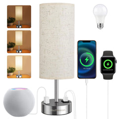 Table Lamp with 3-Way Dimmable Touch, Dual USB Charging Ports, AC Outlet, Flaxen Fabric Shade - 14.5", for Bedroom, Living Room - Includes LED Bulb