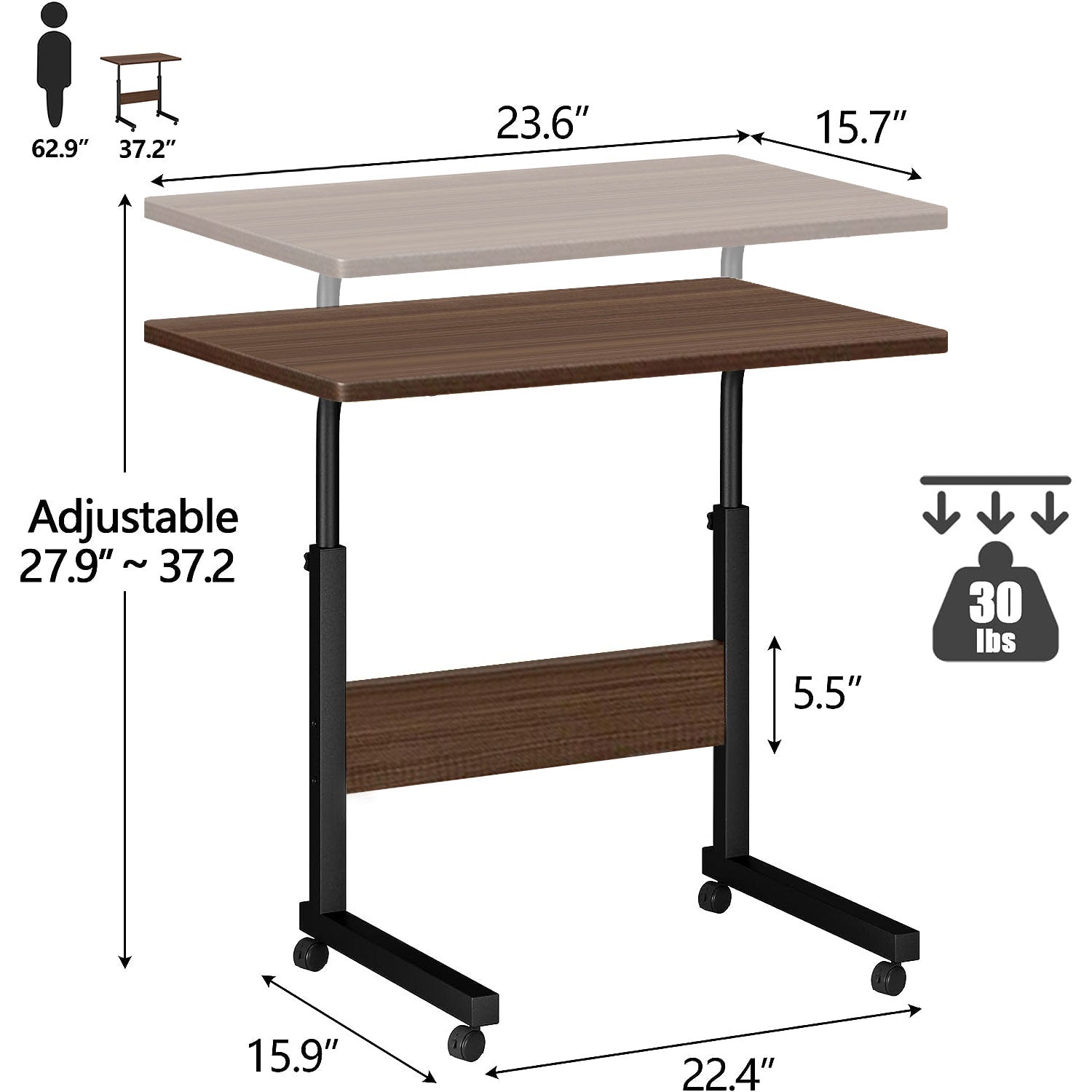 Laptop Desk Adjustable Desk Standing Desk Home Office Desks for Small Spaces Portable Desk Table for Bedrooms, Study Desk Mobile Rolling Computer Work Desk on Wheels