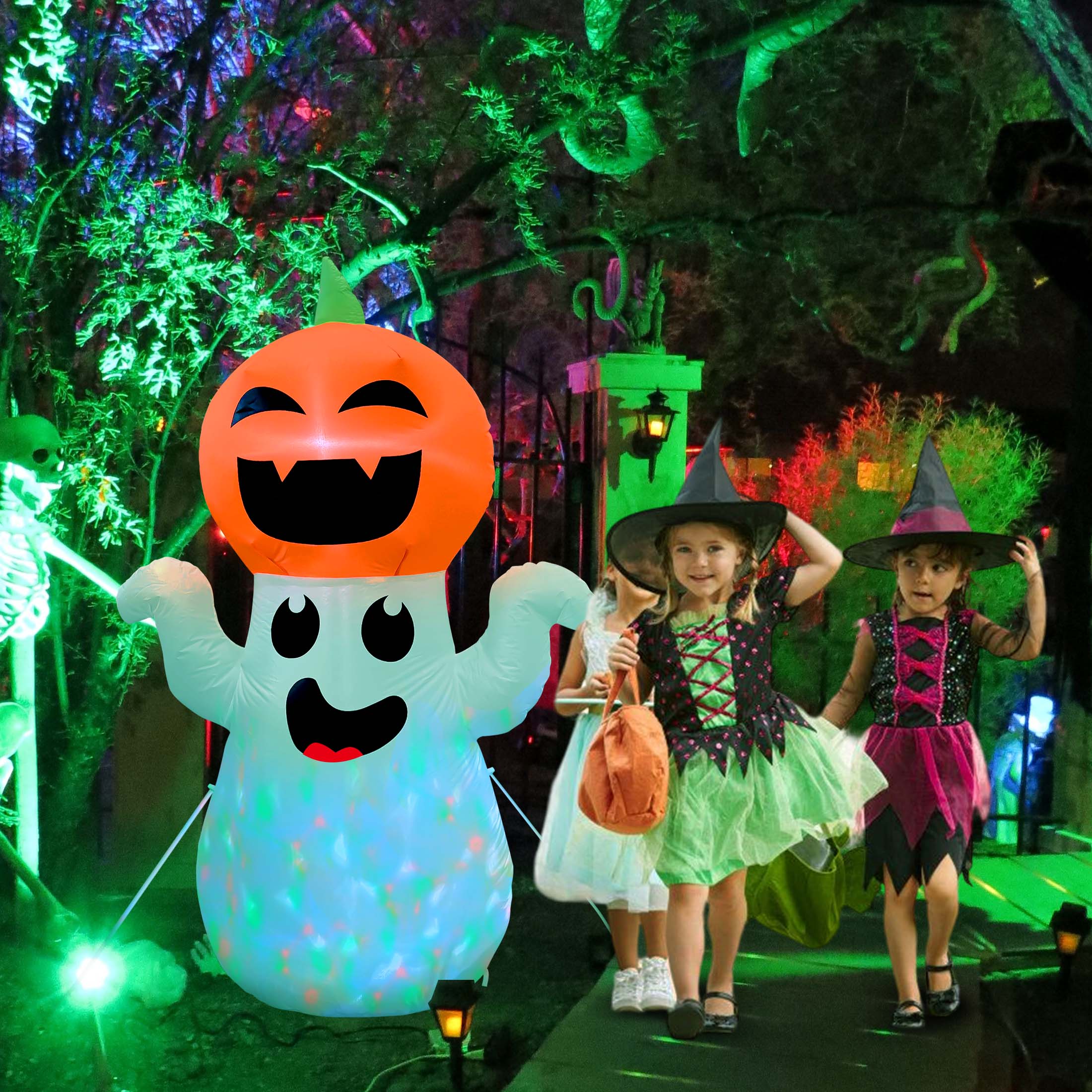 GVDV 5Ft Halloween Inflatable Pumpkin Ghost with 360° Rotating Colorful LED Lights, Cute Indoor / Outdoor Decor for Party, Yard, Lawn