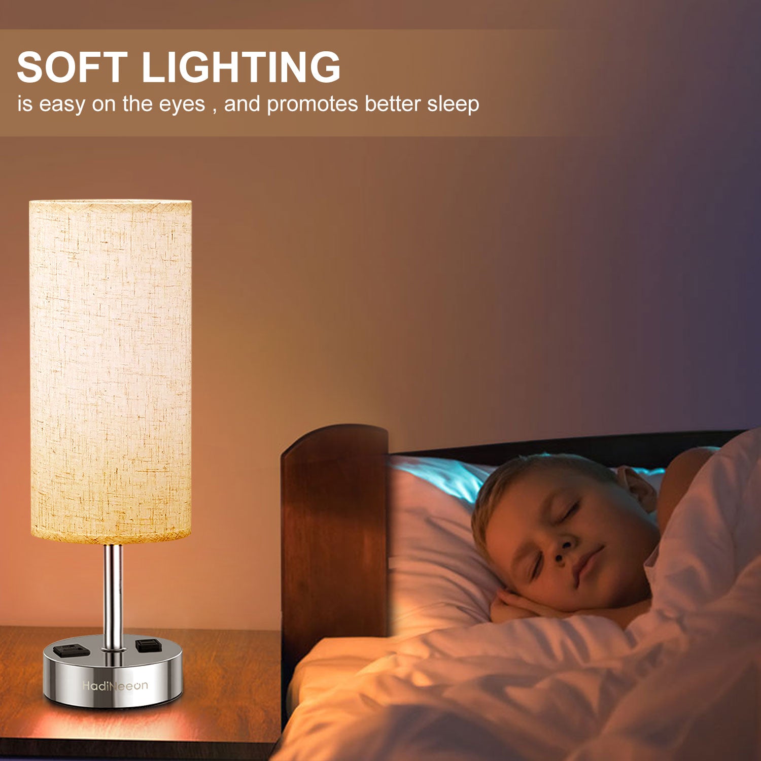 Table Lamp with 3-Way Dimmable Touch, Dual USB Charging Ports, AC Outlet, Flaxen Fabric Shade - 14.5", for Bedroom, Living Room - Includes LED Bulb