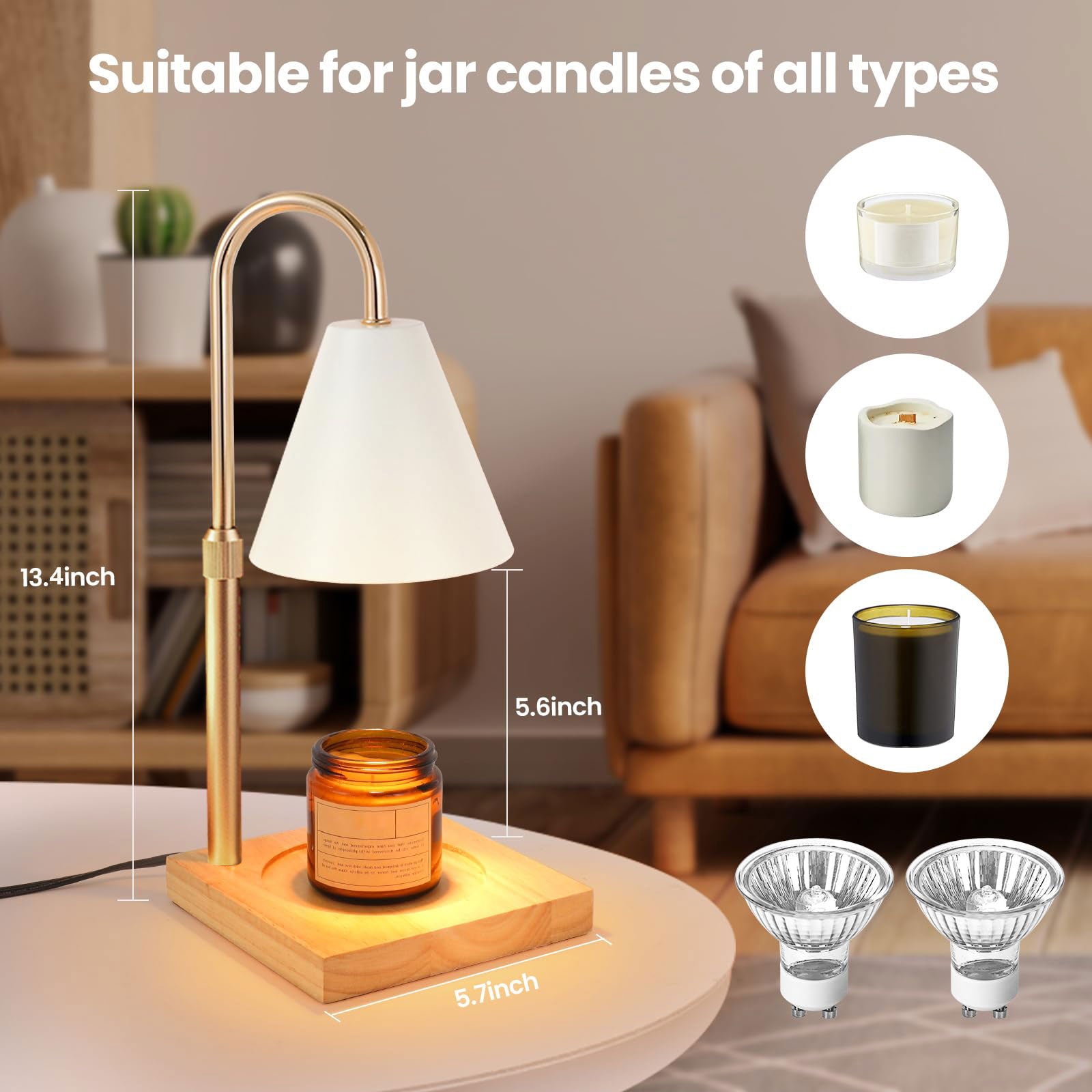 Candle Warmer Lamp with Timer, Dimmable, Adjustable Height - Electric Top Down Melting for All Jar Candles - Home Decor Wax Melter Light in White (Includes 2 Halogen Bulbs)