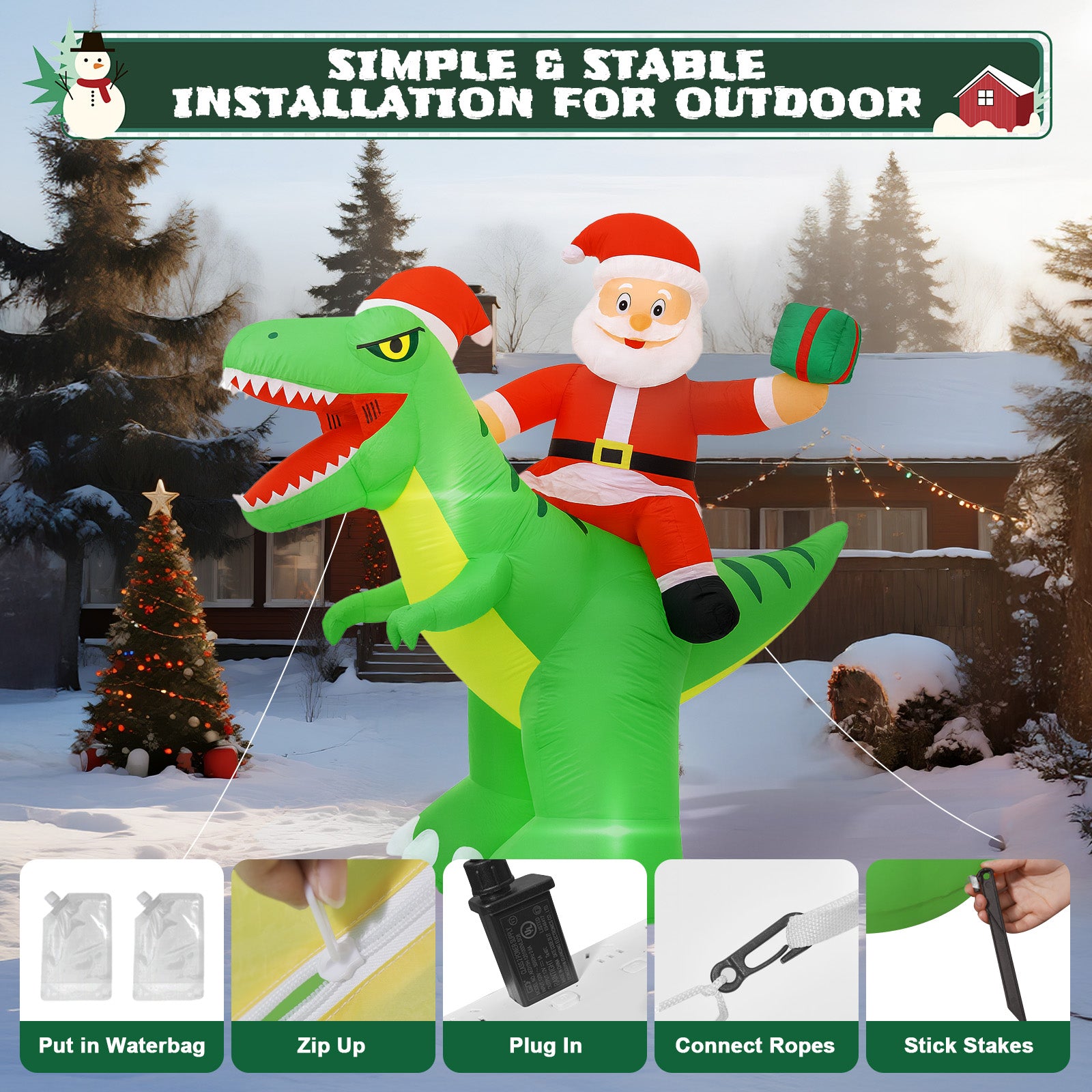 GVDV Christmas Inflatables Decorations 8FT Santa Riding Dinosaur Christmas Blow Up Yard Decoration