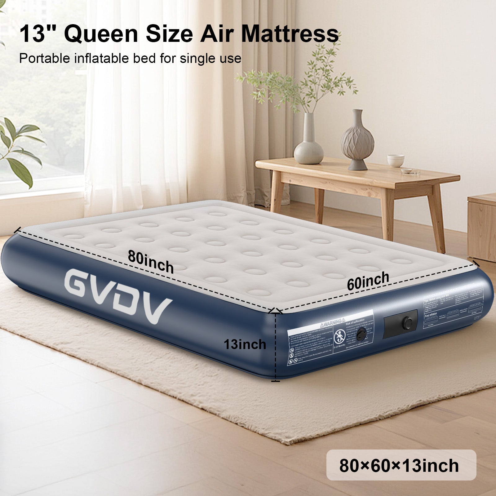 GVDV 13" Queen Air Mattress with Built-in Pump, Raised Inflatable Bed for Home & Guests, Quiet Surface Blow-up Mattress, Portable Air Bed, Colchón Inflable, Supports up to 660 lbs