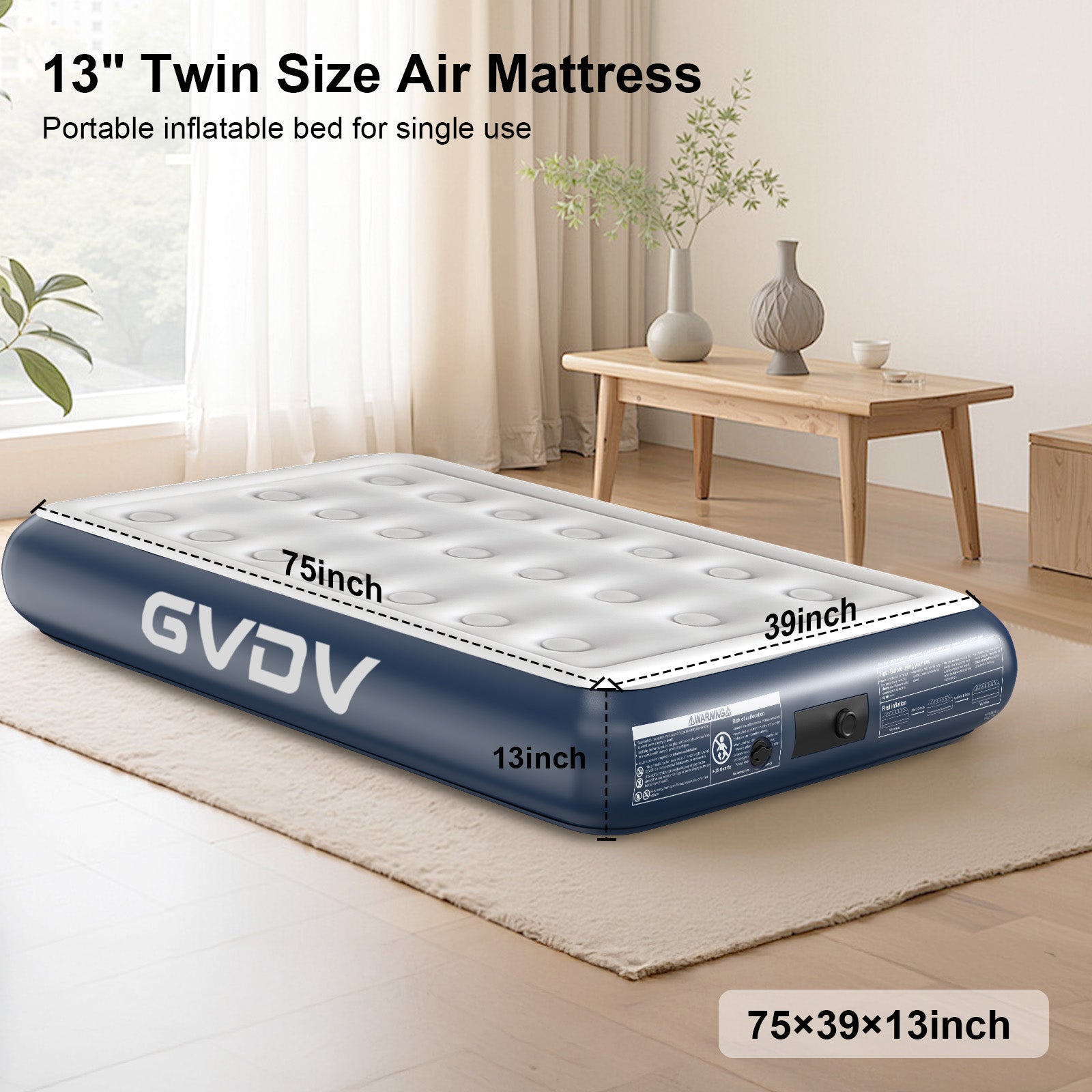 GVDV 13" Twin Air Mattress with Built-in Pump, Raised Inflatable Bed for Home & Guests, Quiet Surface Blow-up Mattress, Portable Air Bed, Colchón Inflable, Supports up to 560 lbs