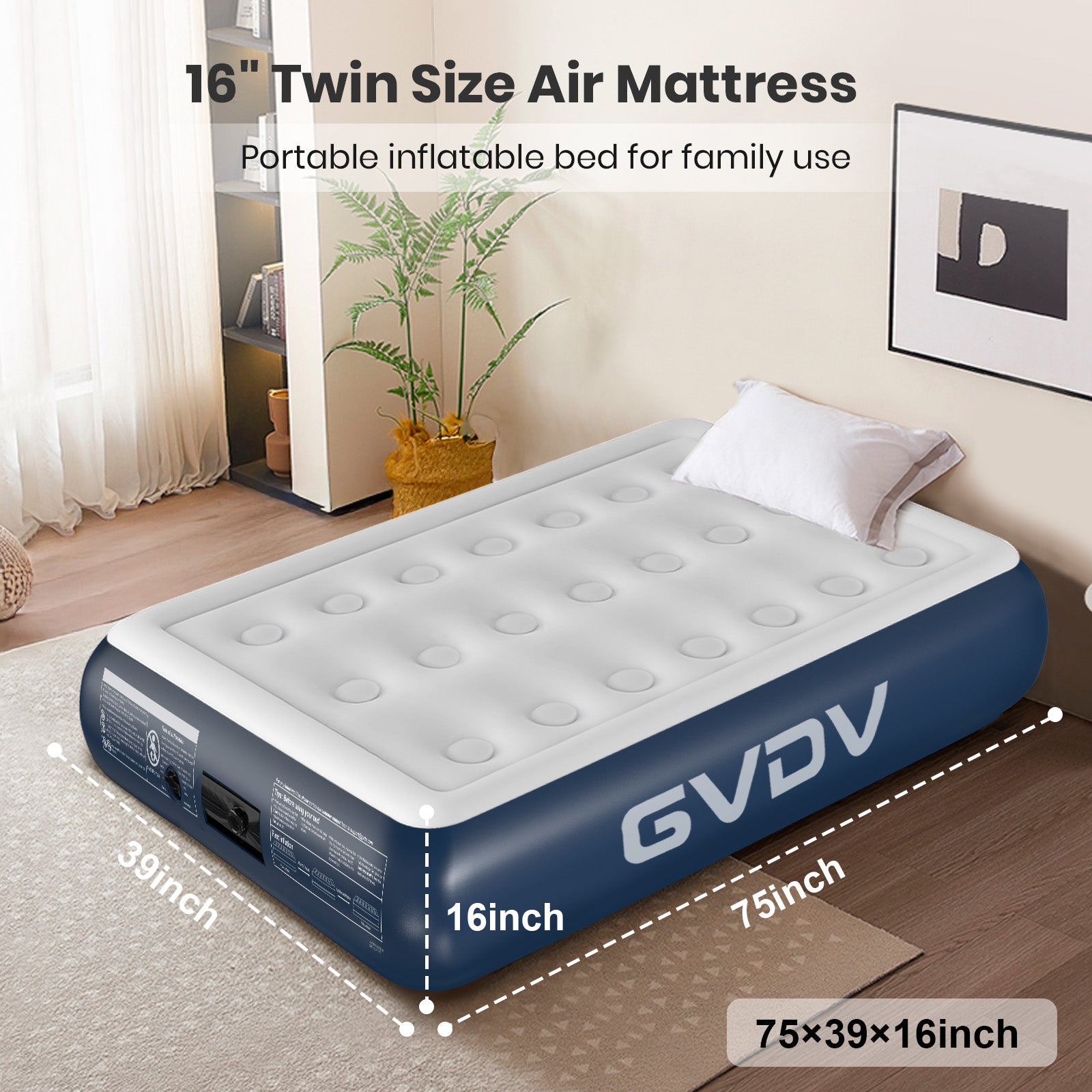 GVDV 16" Twin Air Mattress with Built-in Pump, Raised Inflatable Bed for Home & Guests, Quiet Surface Blow-up Mattress, Portable Air Bed, Colchón Inflable, Supports up to 560 lbs