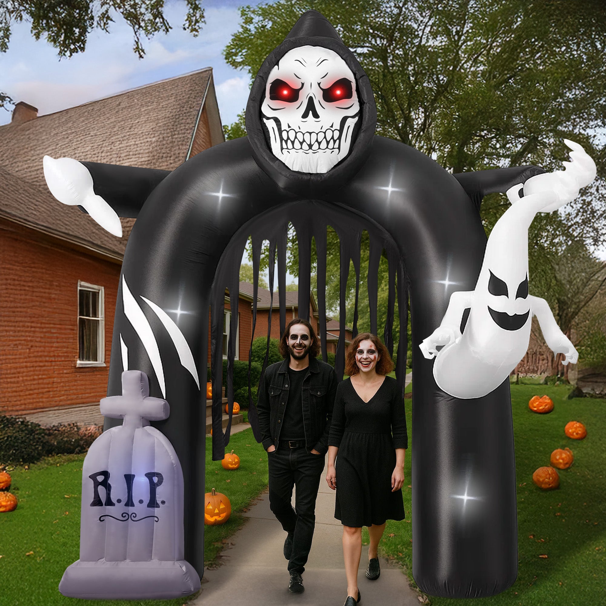 GVDV 10 FT Halloween Inflatables Archway, Halloween Archway Inflatables Ghost, Blow Up Yard Decorations with Ghost and Build-in LEDs
