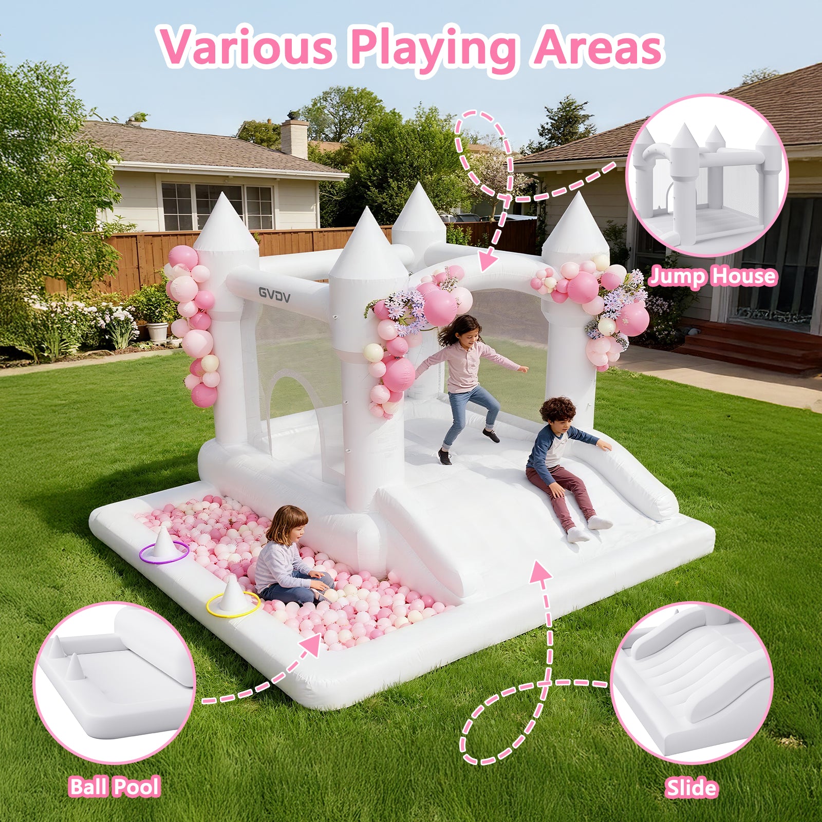 GVDV 9FT Inflatable Bounce House with Slide & 350W Blower, White Jumping Castle for Kids 3–12, Indoor & Outdoor Wedding or Party Fun