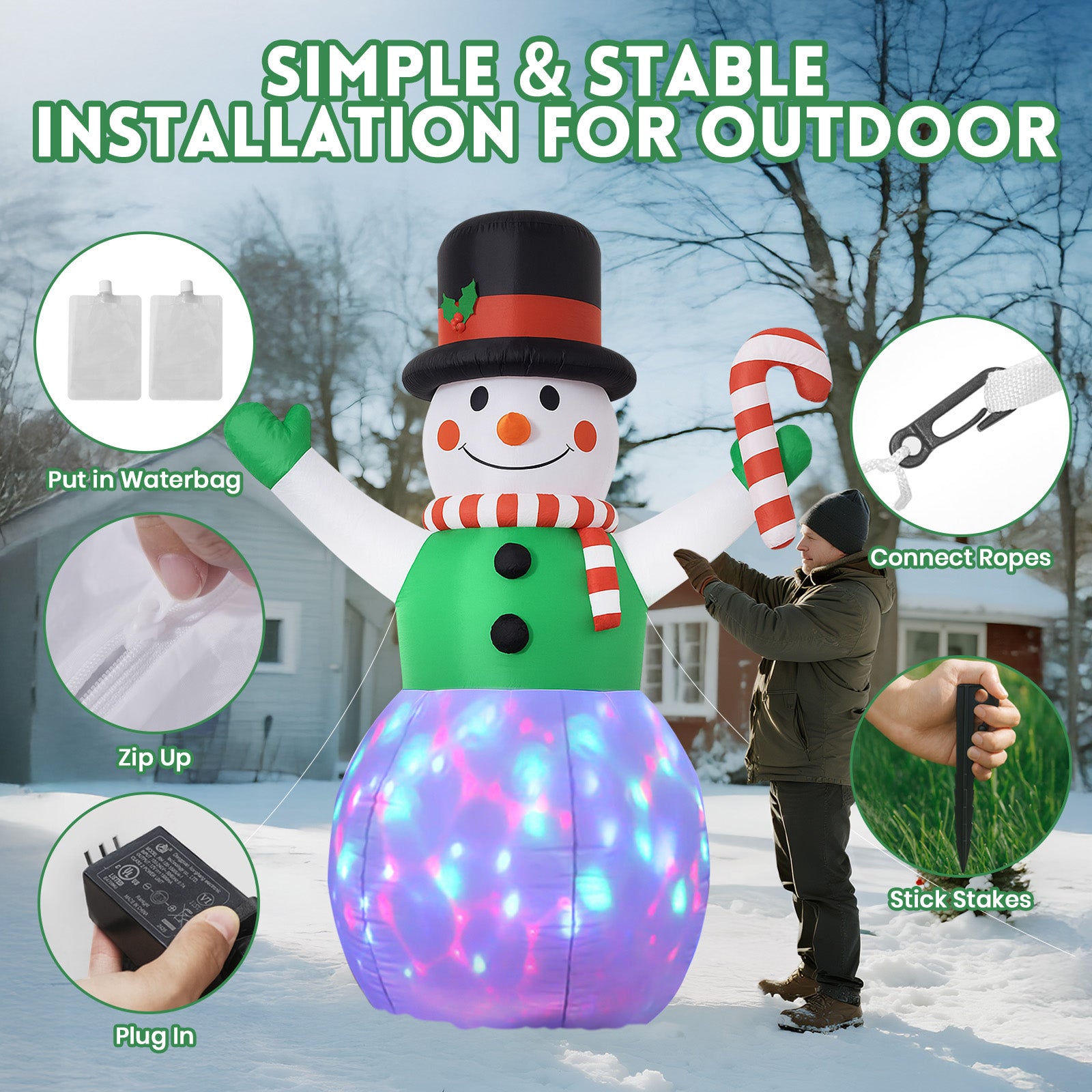 GVDV 8 Ft Lighted Christmas Inflatable Snowman with Rotating LED Lights, Christmas Blow Up Yard Decoration for Holiday, Party, Christmas