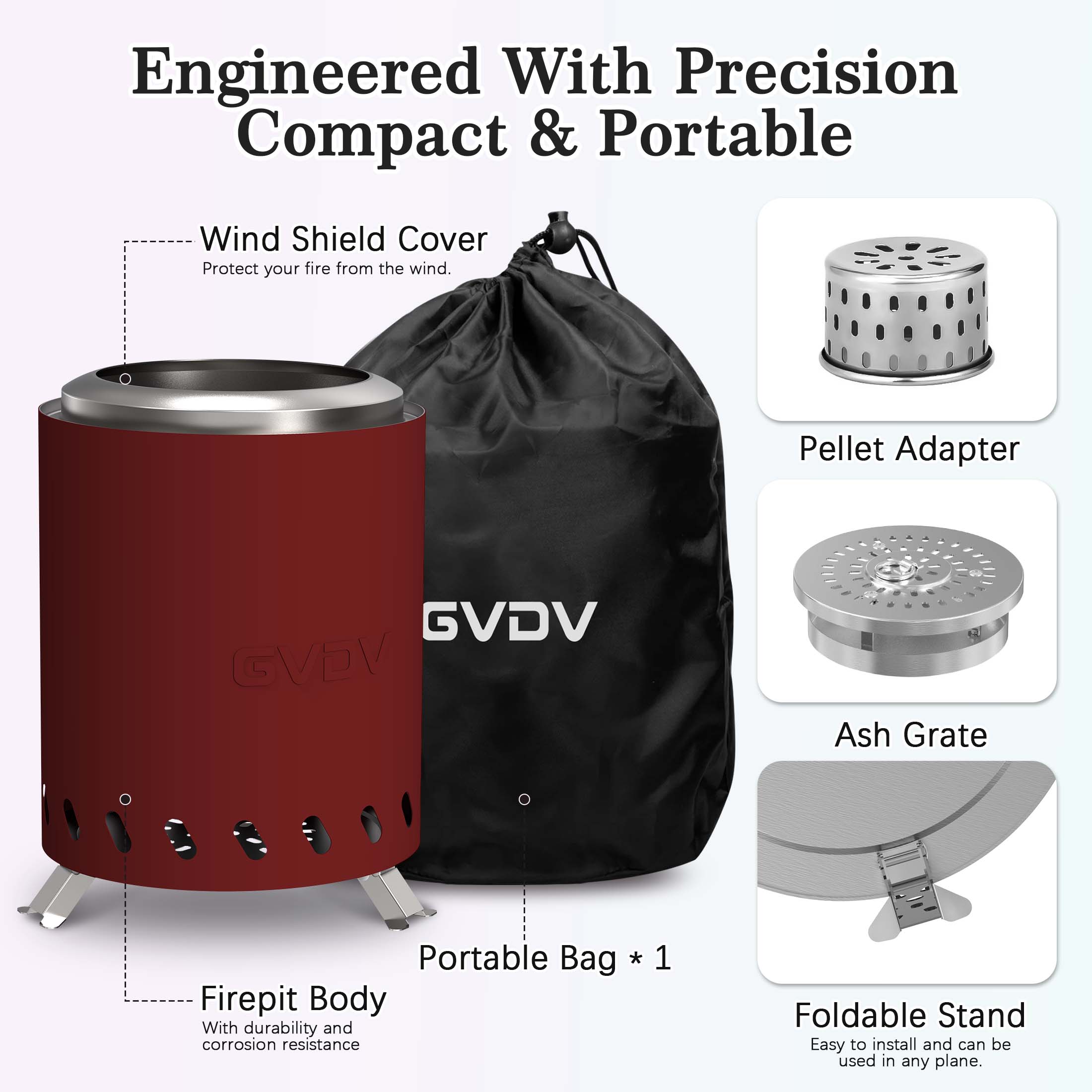 7.5" Tabletop Fire Pit - Smokeless & Portable Mini Fire Bowl, Dual Fuel, 304 Stainless Steel with Carry Bag for Outdoor (Red)