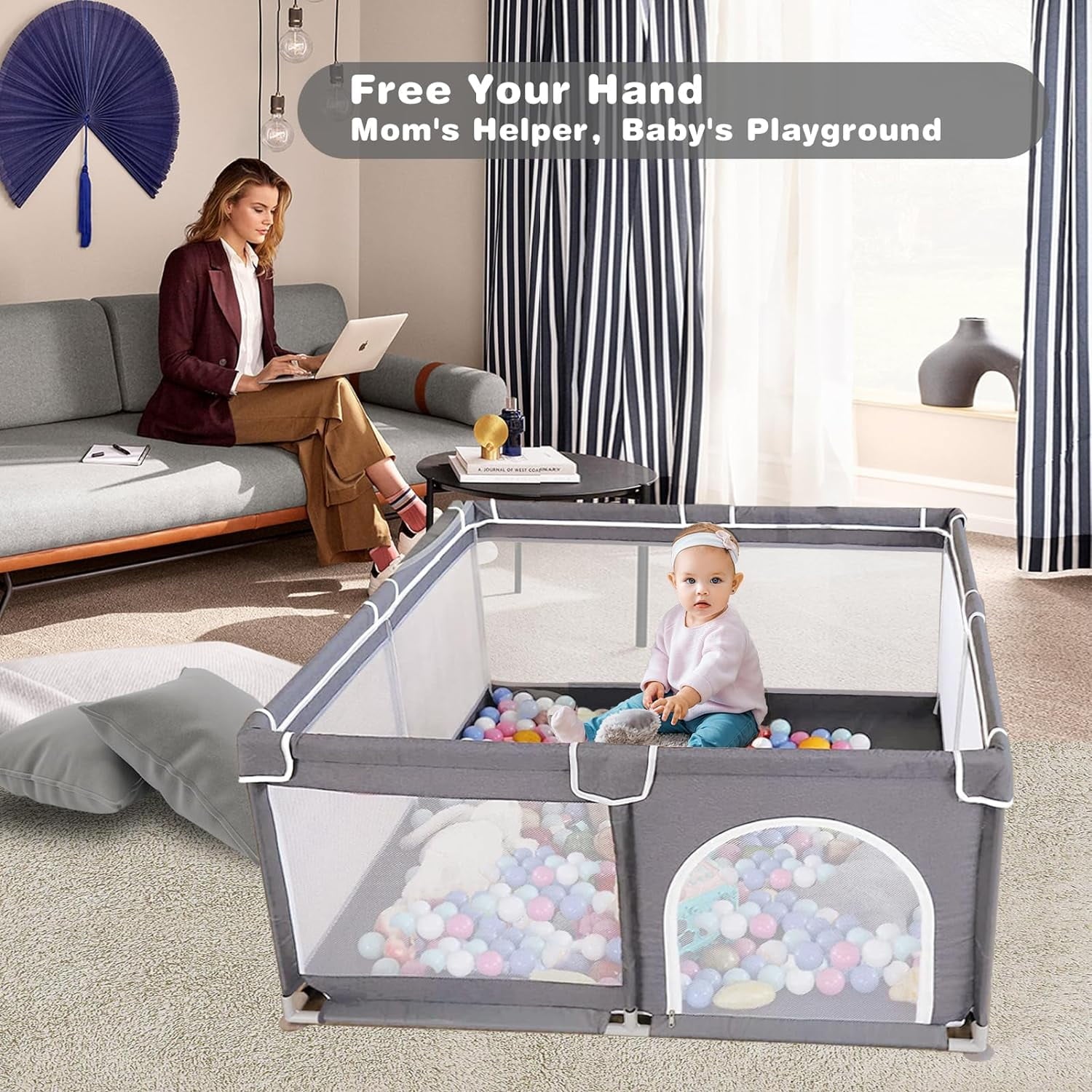 Kid Odyssey Baby Playpen, 50x50x27" Large Activity Center with Gate, Anti-Slip Base, Gray