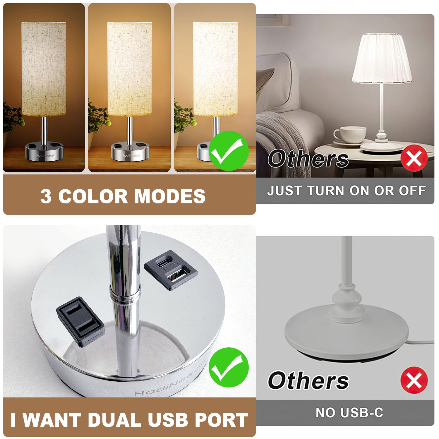 Table Lamp with 3-Way Dimmable Touch, Dual USB Charging Ports, AC Outlet, Flaxen Fabric Shade - 14.5", for Bedroom, Living Room - Includes LED Bulb