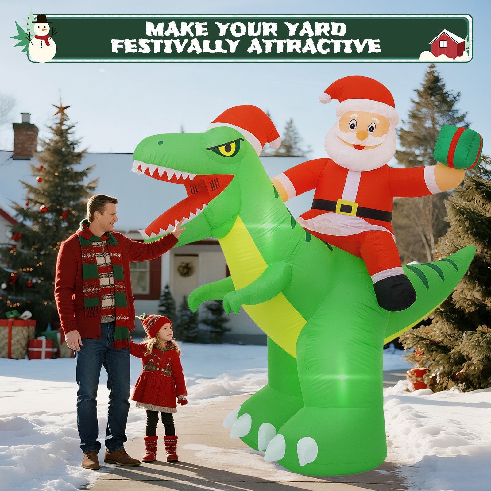 GVDV Christmas Inflatables Decorations 8FT Santa Riding Dinosaur Christmas Blow Up Yard Decoration