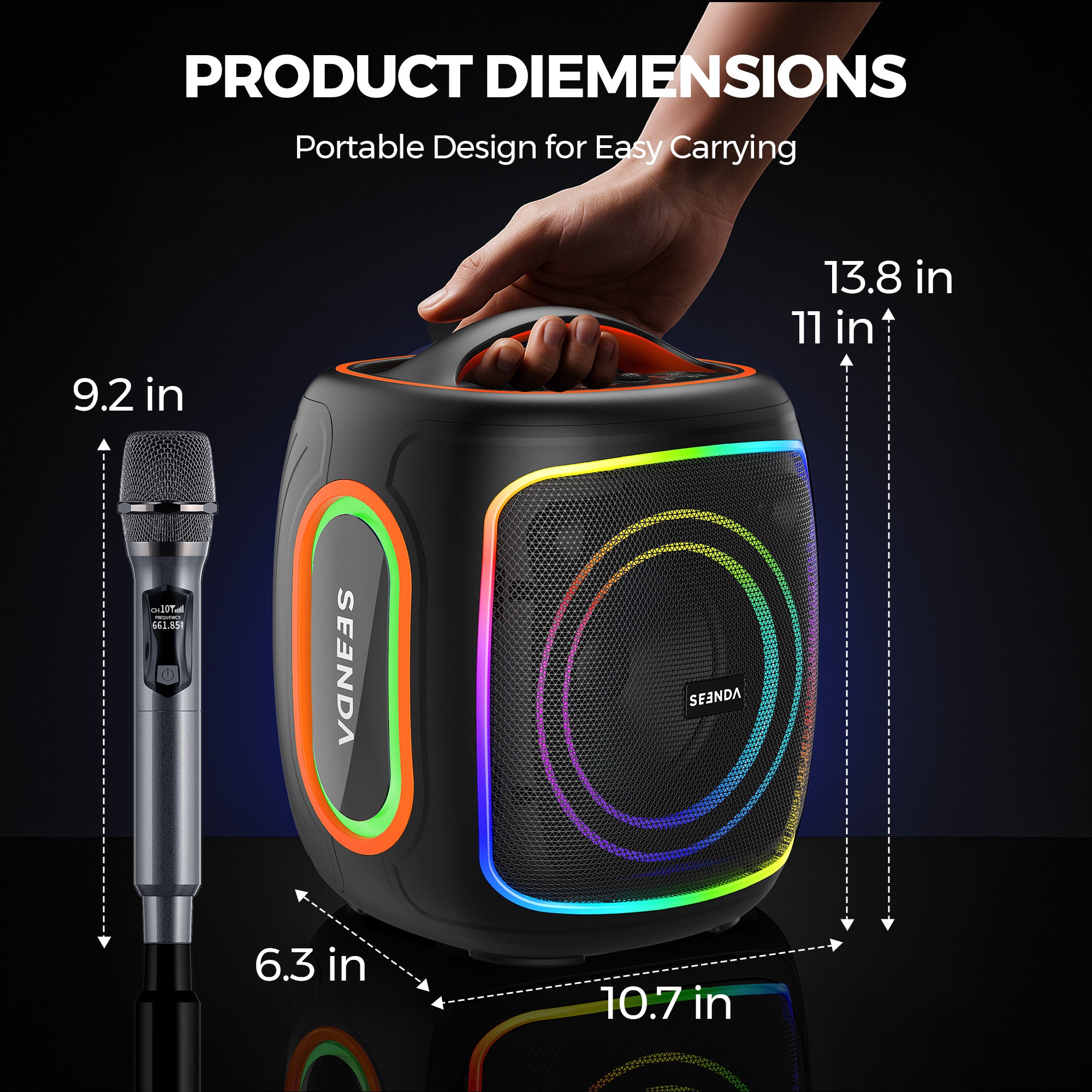 Seenda Karaoke Machine with 2 Wireless Microphones, Bluetooth, Double 6.5" & 1.5" Tweeter Speakers, IPX5 Waterproof, and RGB Lights – Portable PA System for Indoor & Outdoor Parties