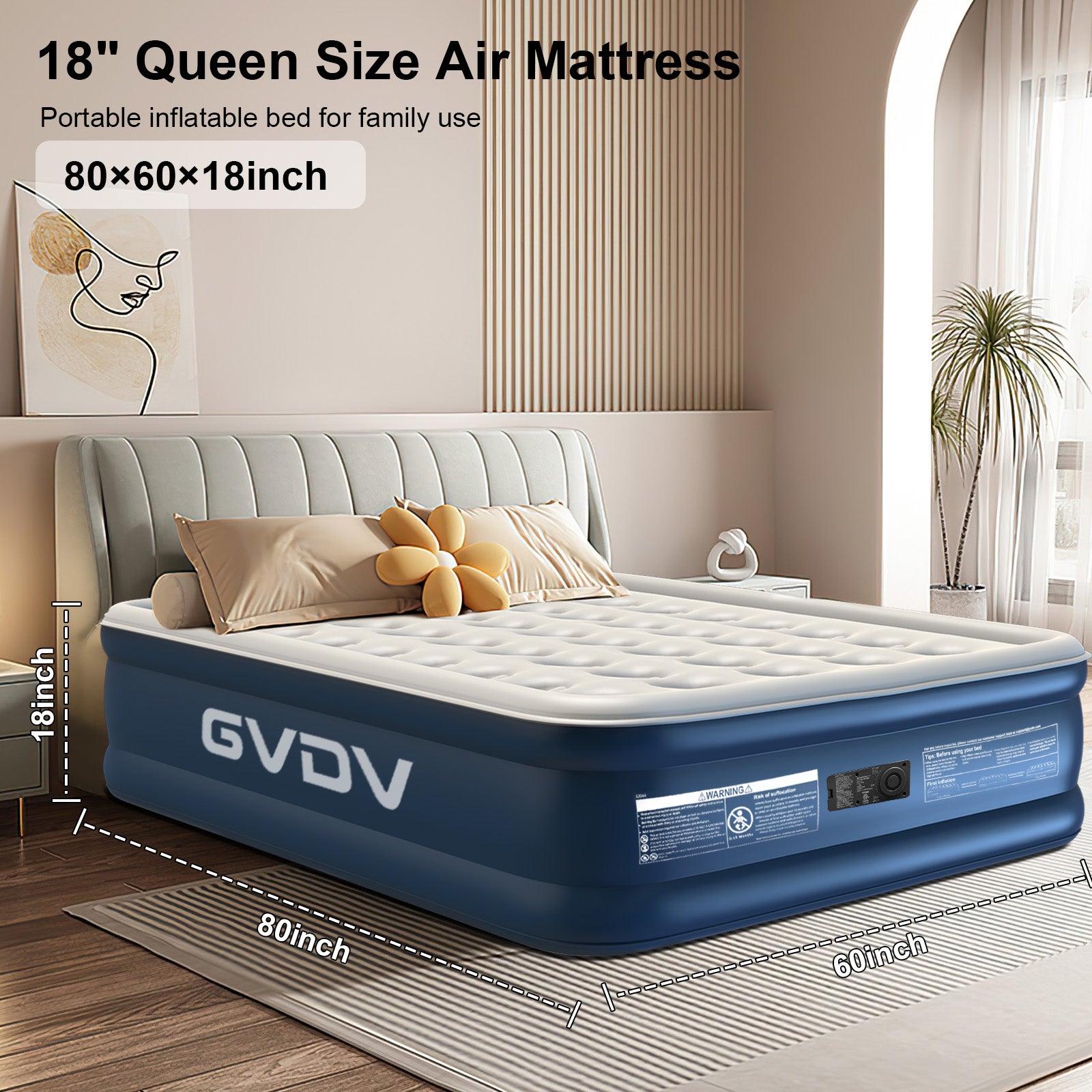 GVDV 18" Queen Air Mattress with Built-in Pump, Raised Inflatable Air Bed for Guests & Home, Comfortable Blow-up Mattress, Upgraded 4-Chamber Design, Supports up to 660 lbs
