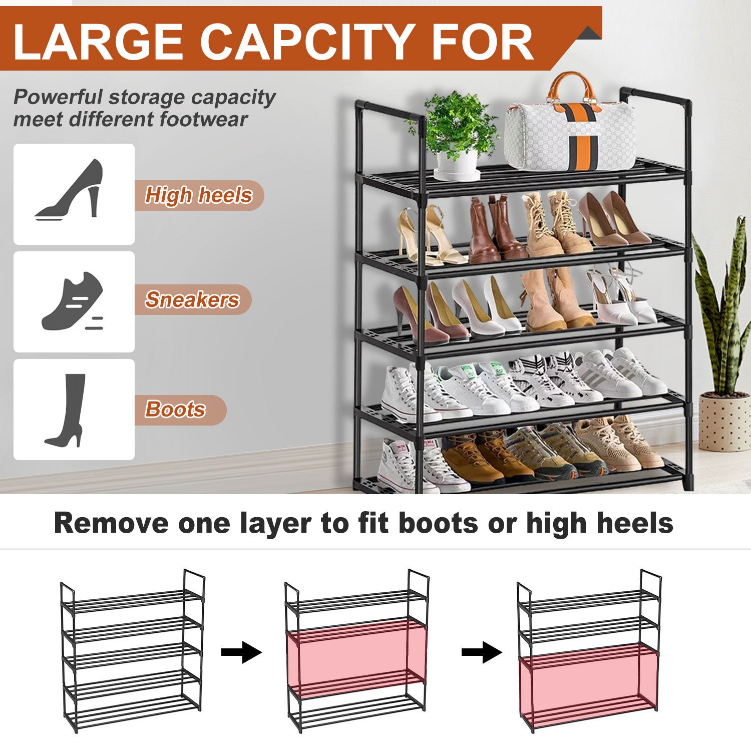 5 Tiers Shoe Rack Tall Shoe Organizer Shoe Storage Vertical Shoe Shelf Large Shoe Rack Organizer Stackable Shoe Racks for Entryway, Closet, Garage, Bedroom,Cloakroom