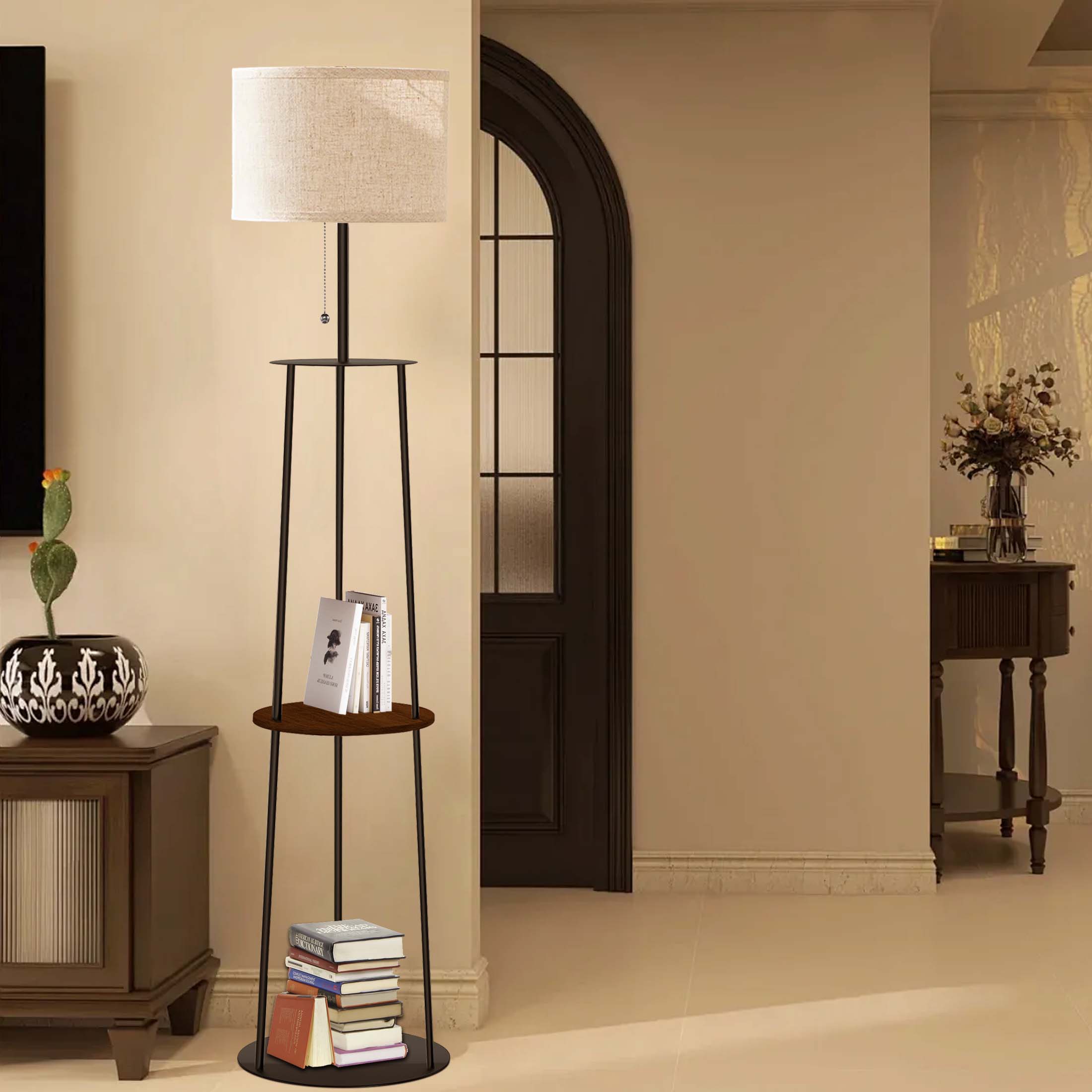 65" Floor Lamp with Shelves, 3 Color Temperature Bulb, Remote Control, Stepless Dimming - Modern Design with Circular Stand and Linen Lampshade