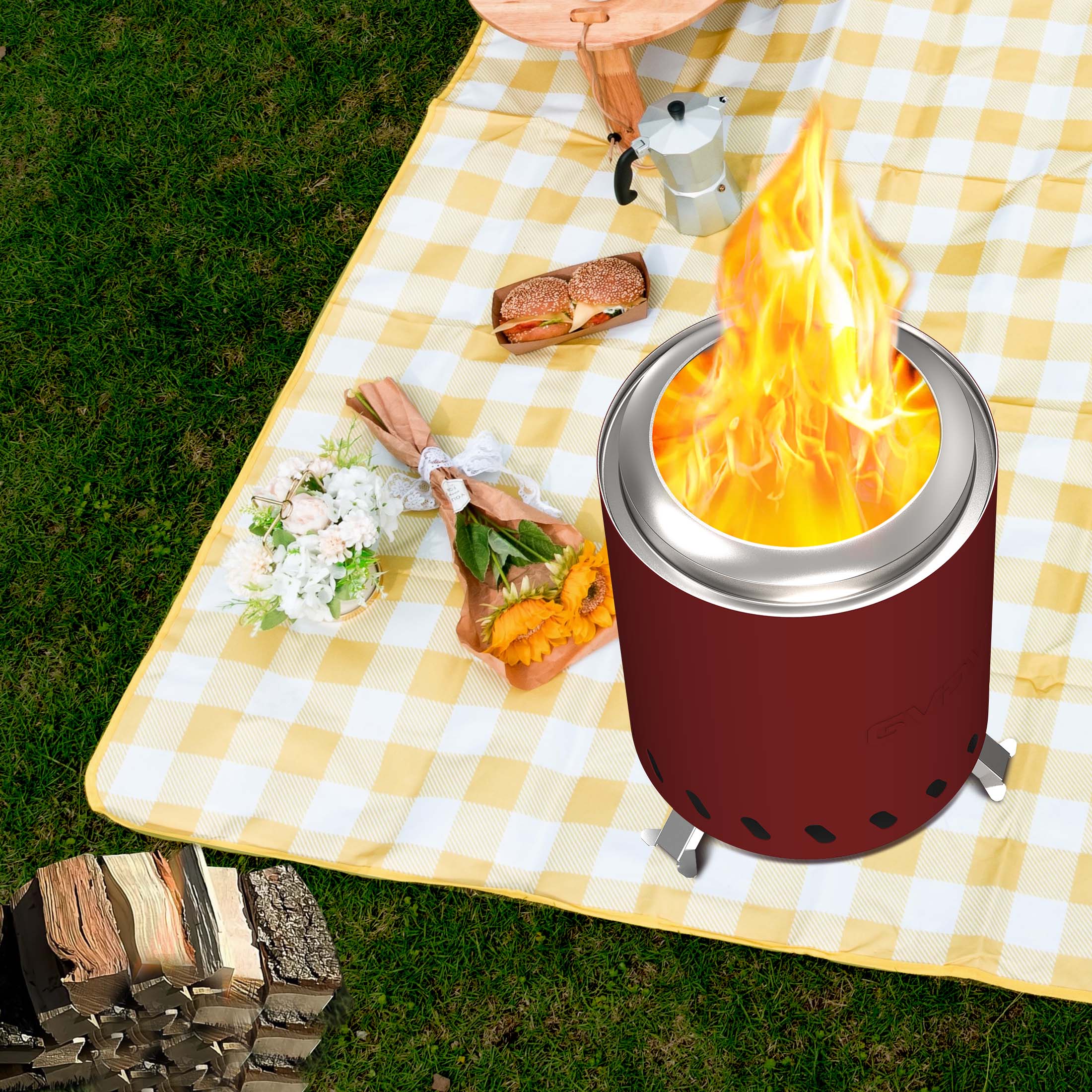 7.5" Tabletop Fire Pit - Smokeless & Portable Mini Fire Bowl, Dual Fuel, 304 Stainless Steel with Carry Bag for Outdoor (Red)