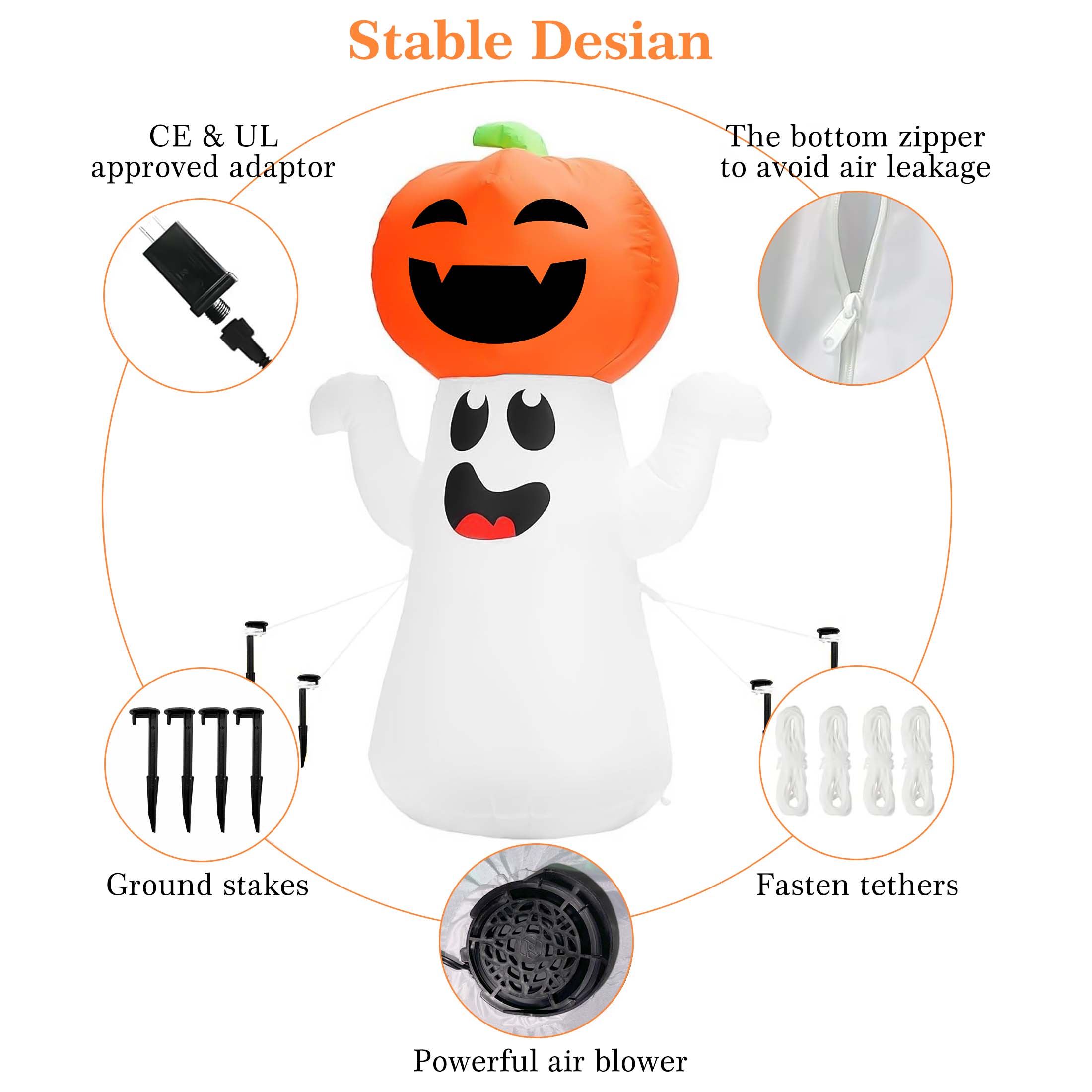 GVDV 5Ft Halloween Inflatable Pumpkin Ghost with 360° Rotating Colorful LED Lights, Cute Indoor / Outdoor Decor for Party, Yard, Lawn