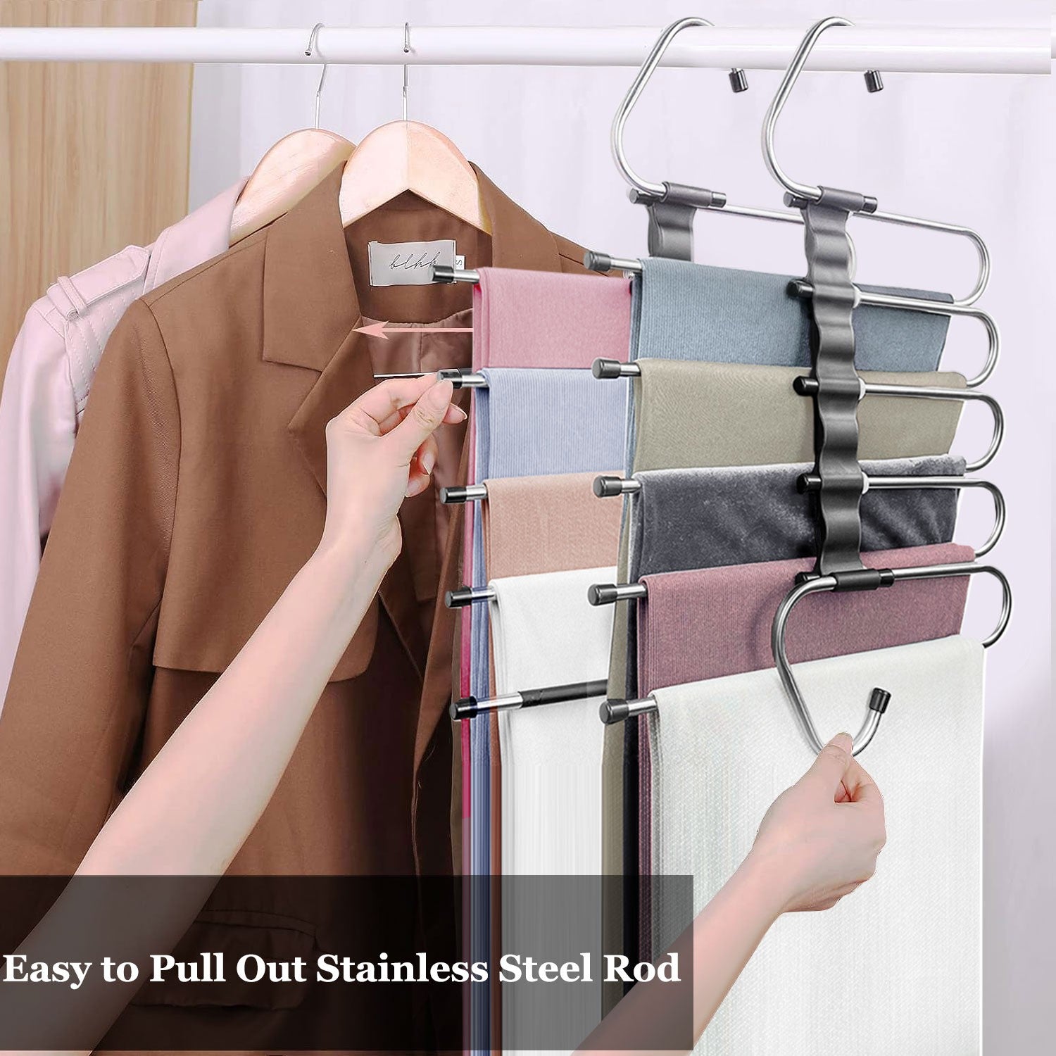 2 Pack Pants Hangers Non Slip Space Saving - Closet Storage Organizer Multiple Layers Multifunctional Closet Hangers, Clothes Hangers for Trousers Scarves Slack