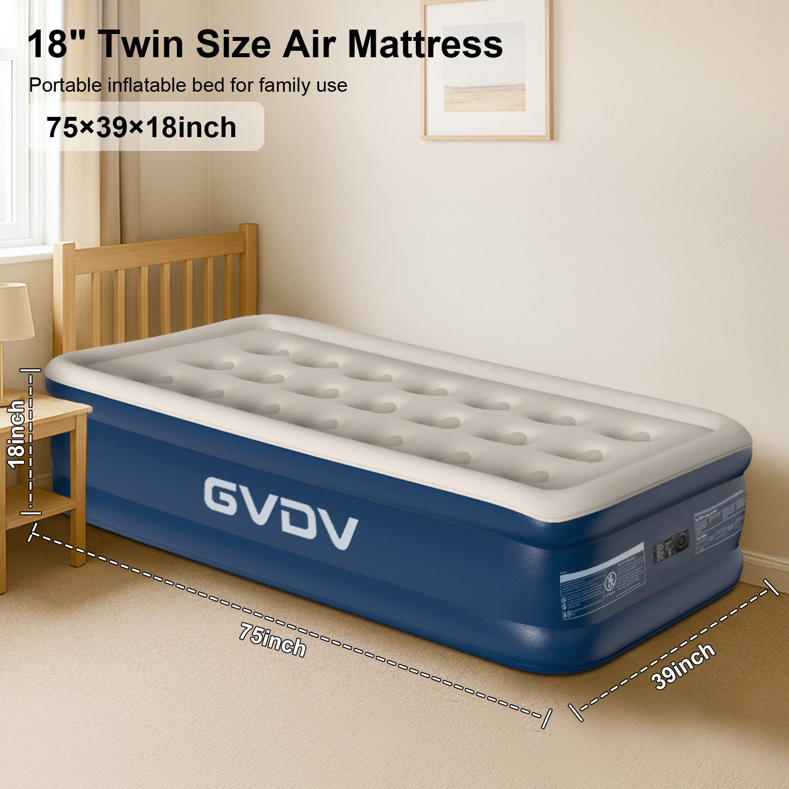 GVDV 18" Twin Air Mattress with Built-in Pump, Raised Inflatable Air Bed for Guests & Home, Comfortable Blow-up Mattress, Upgraded 4-Chamber Design, Supports up to 560 lbs