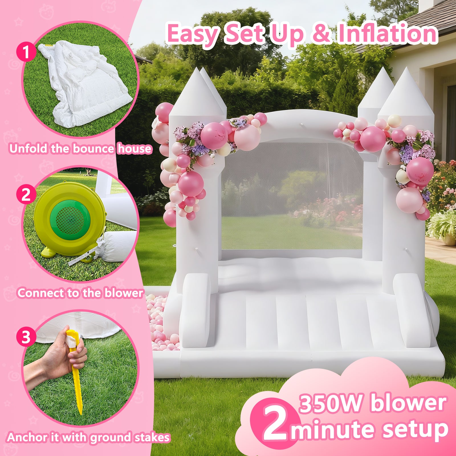 GVDV 9FT Inflatable Bounce House with Slide & 350W Blower, White Jumping Castle for Kids 3–12, Indoor & Outdoor Wedding or Party Fun