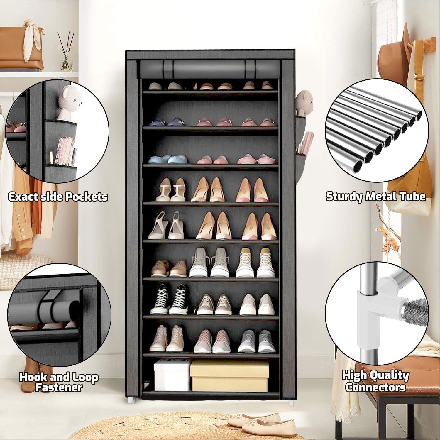 10 Tier Shoe Rack with Covers,Large Capacity Stackable Tall Shoe Organizer Storage Shoes and Boots Sturdy Metal Free Standing Shoe Shelf Organizer for Closet Entryway Garage Bedroom