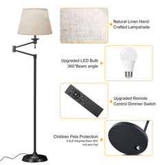 70" Floor Lamp - Modern Adjustable LED for Adults - Dimmable with Remote Control - Home Decor Lighting for Living Room, Bedroom - Swing Arm Design - Includes 9W Bulb (Black)