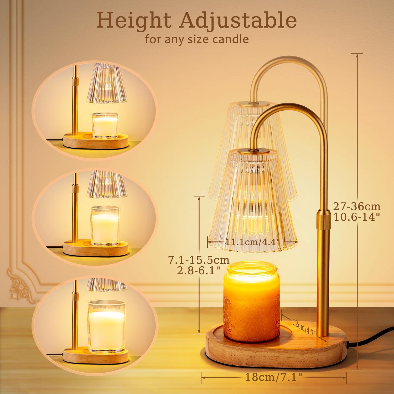 Candle Warmer Lamp with Timer, Dimmable, Adjustable Height - Electric Top Down Melting for All Jar Candles - Home Decor Wax Melter Light in Amber (Includes 2 Halogen Bulbs)