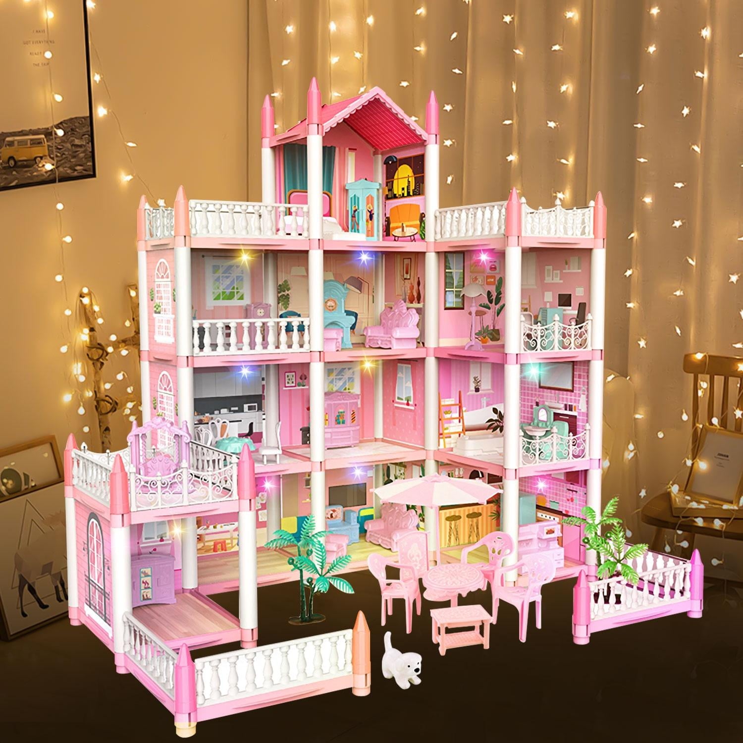 Kid Odyssey Play Dollhouse with 4 Doll Toy Figures, 11 Rooms Furniture and and Colorful Lights, Creative Doll House Gift for Girls Ages 3+, Assemble Required, Pink