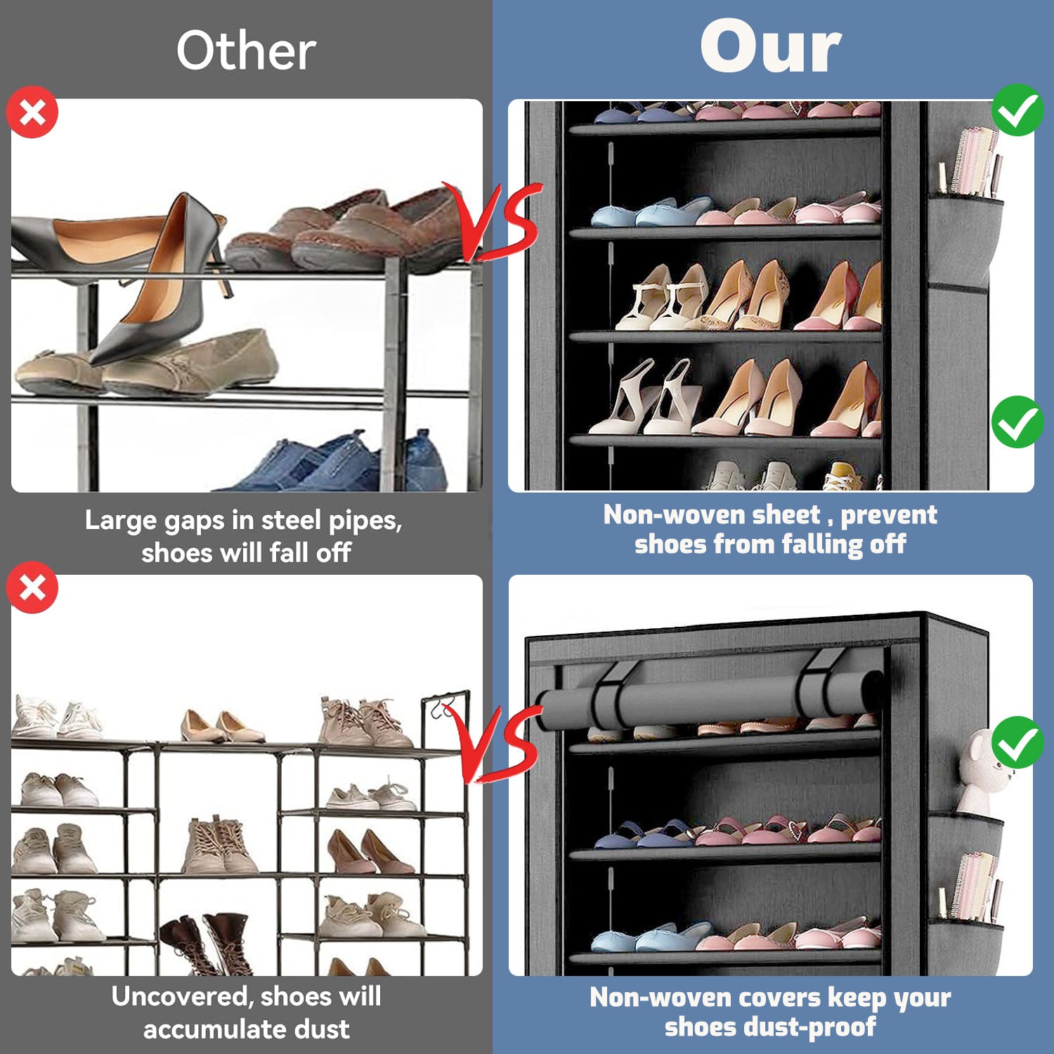 10 Tier Shoe Rack with Covers,Large Capacity Stackable Tall Shoe Organizer Storage Shoes and Boots Sturdy Metal Free Standing Shoe Shelf Organizer for Closet Entryway Garage Bedroom