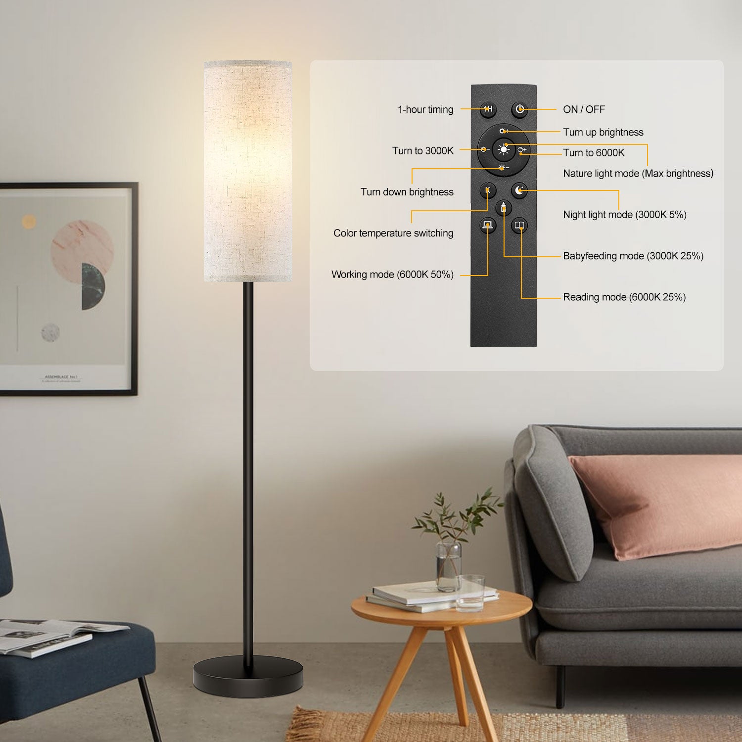 65" Floor Lamp with Remote Control - Modern LED Design, Stepless Dimming, Adjustable Color Temperature & Brightness - Ideal for Living Rooms and Bedrooms (Includes 9W Bulb)