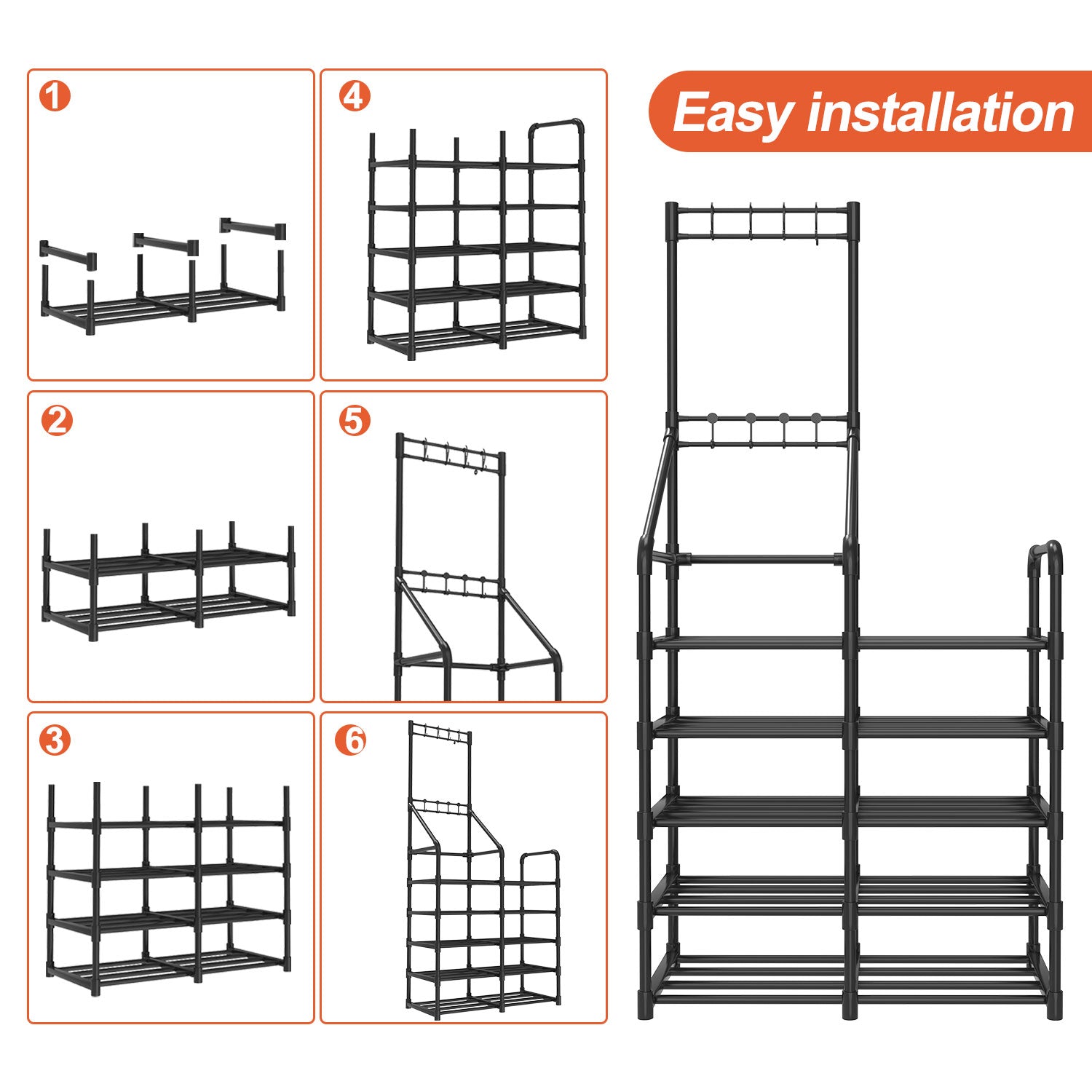 Shoe Rack for Closet - Multifunctional Shoe and Coat Rack, Shoe Organizer with Hook Rack, 5-Tier Large-Capacity, Space-Saving Shoe Shelf for Entryway, Closet, Garage, Bedroom, Cloakroom