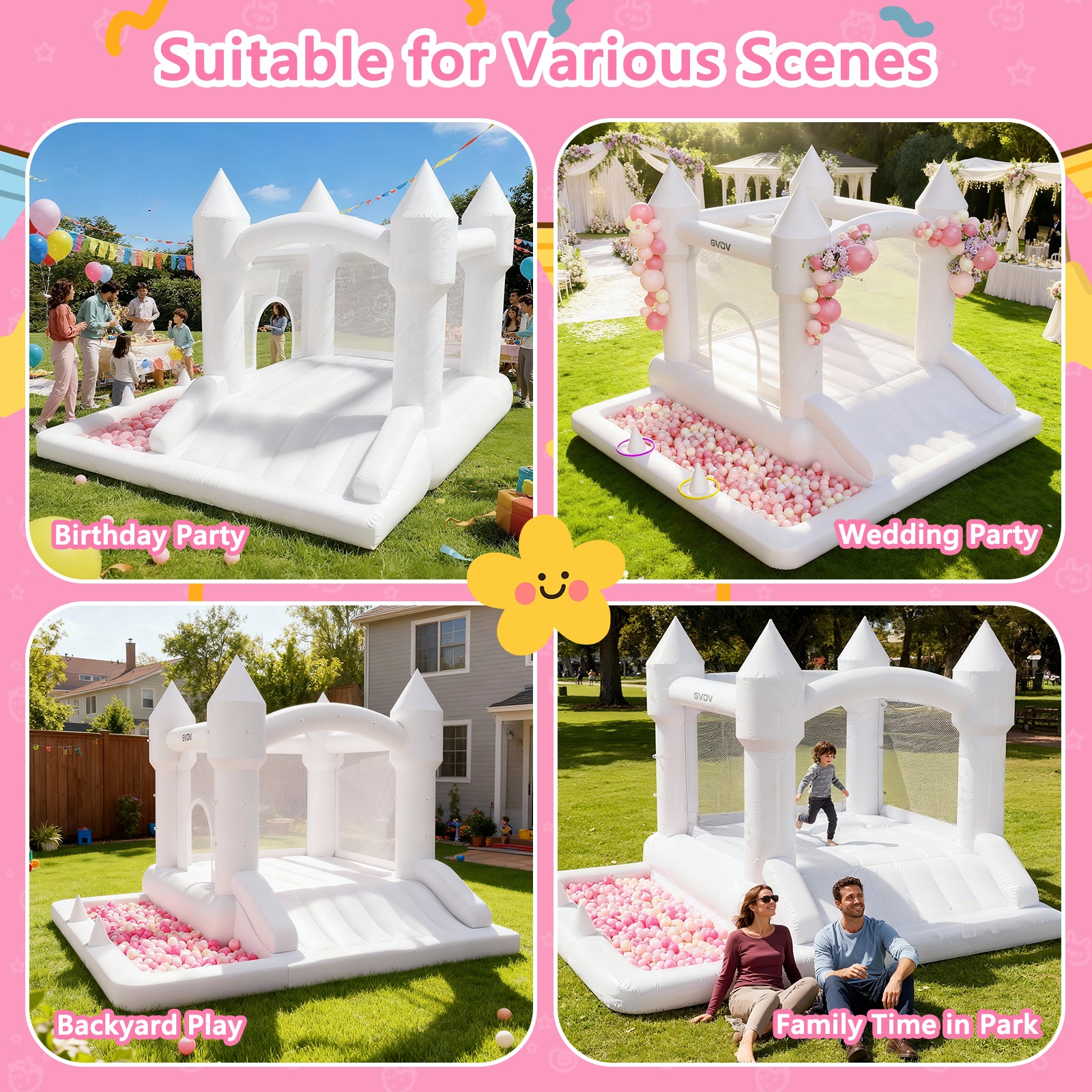 GVDV 9FT Inflatable Bounce House with Slide & 350W Blower, White Jumping Castle for Kids 3–12, Indoor & Outdoor Wedding or Party Fun