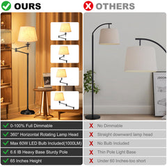 70" Floor Lamp - Modern Adjustable LED for Adults - Dimmable with Remote Control - Home Decor Lighting for Living Room, Bedroom - Swing Arm Design - Includes 9W Bulb (Black)