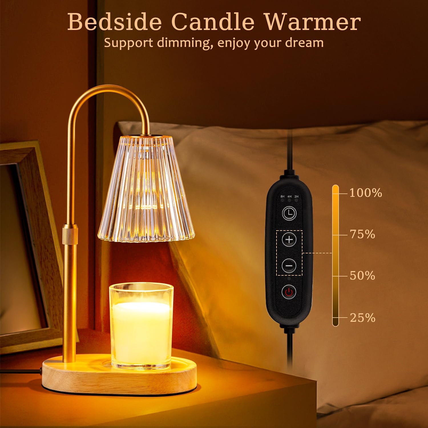 Candle Warmer Lamp with Timer, Dimmable, Adjustable Height - Electric Top Down Melting for All Jar Candles - Home Decor Wax Melter Light in Amber (Includes 2 Halogen Bulbs)