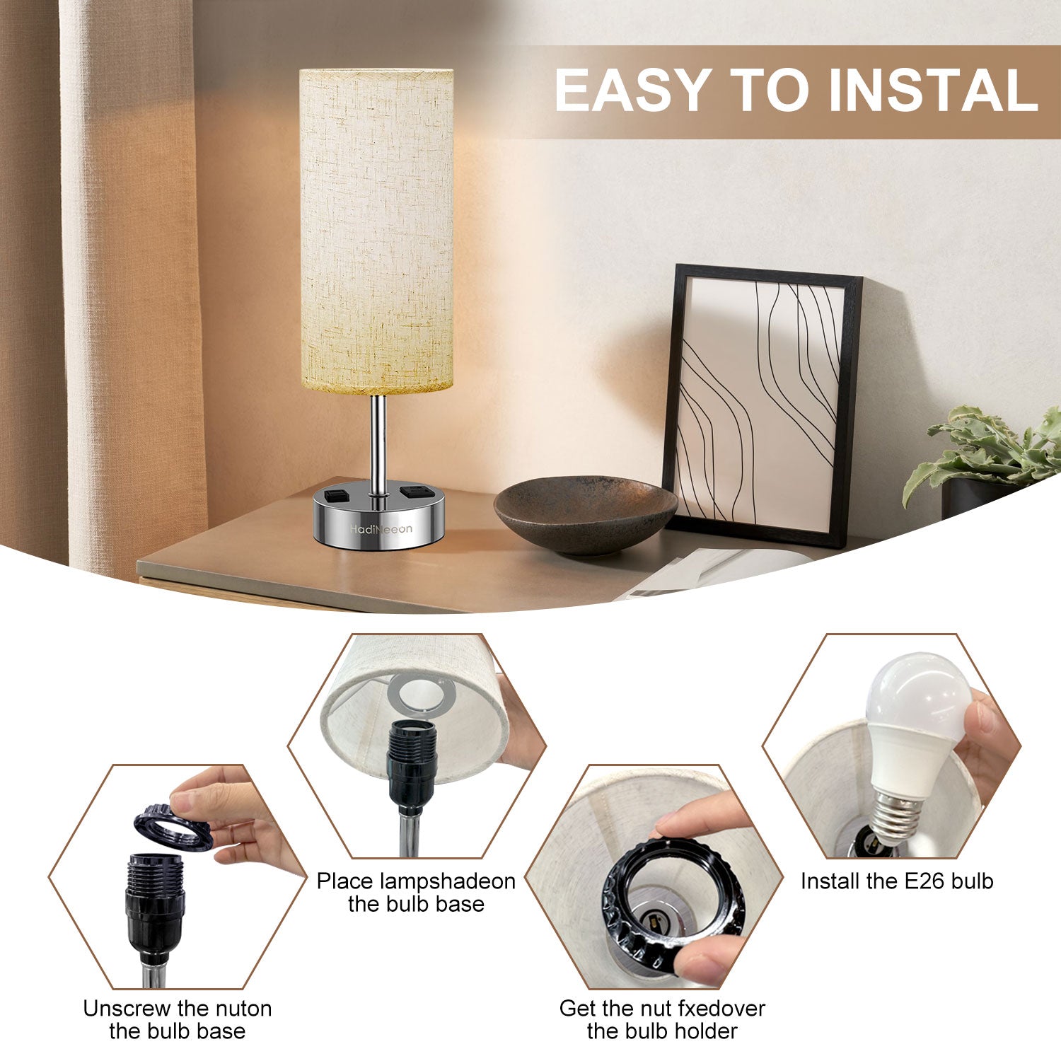 Table Lamp with 3-Way Dimmable Touch, Dual USB Charging Ports, AC Outlet, Flaxen Fabric Shade - 14.5", for Bedroom, Living Room - Includes LED Bulb