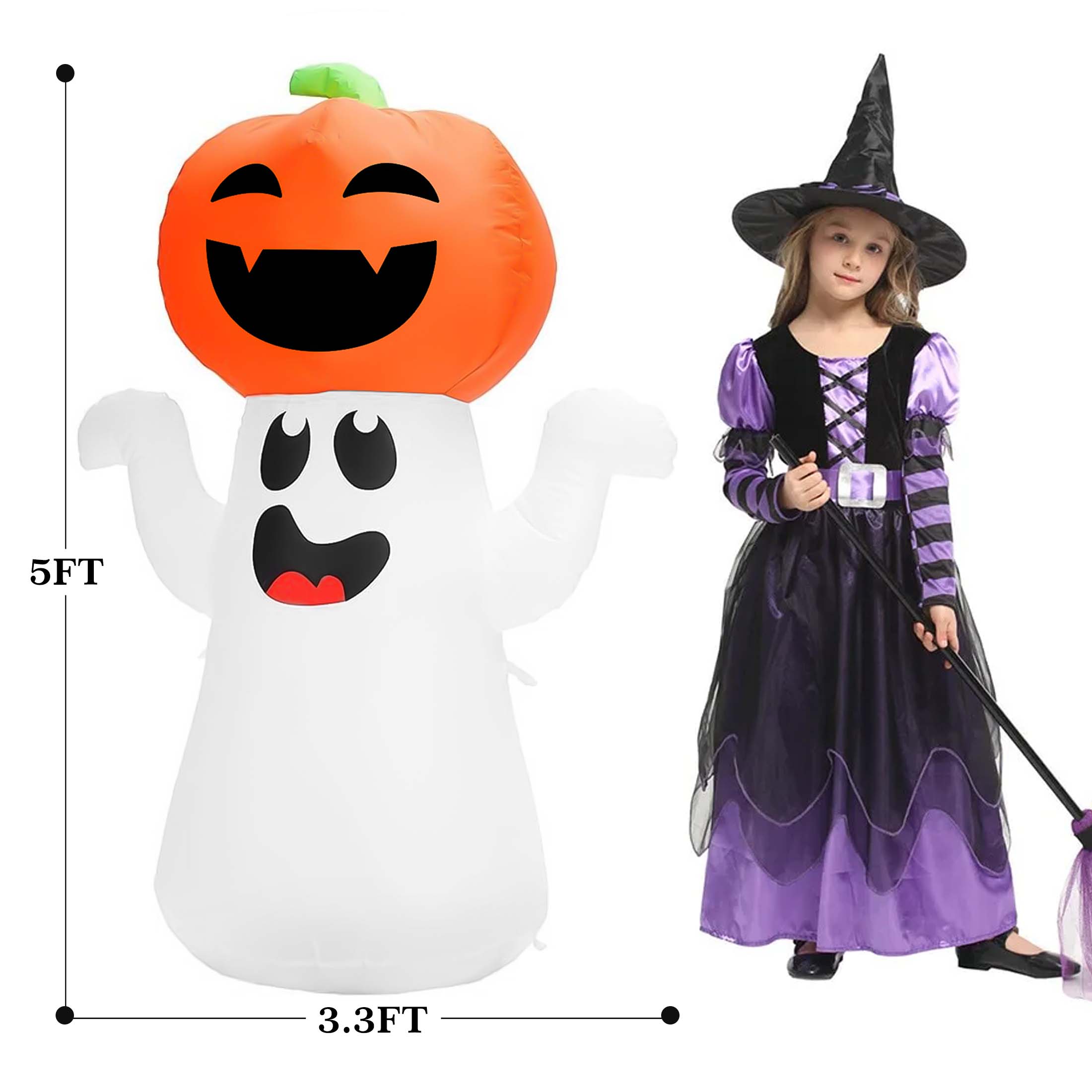 GVDV 5Ft Halloween Inflatable Pumpkin Ghost with 360° Rotating Colorful LED Lights, Cute Indoor / Outdoor Decor for Party, Yard, Lawn