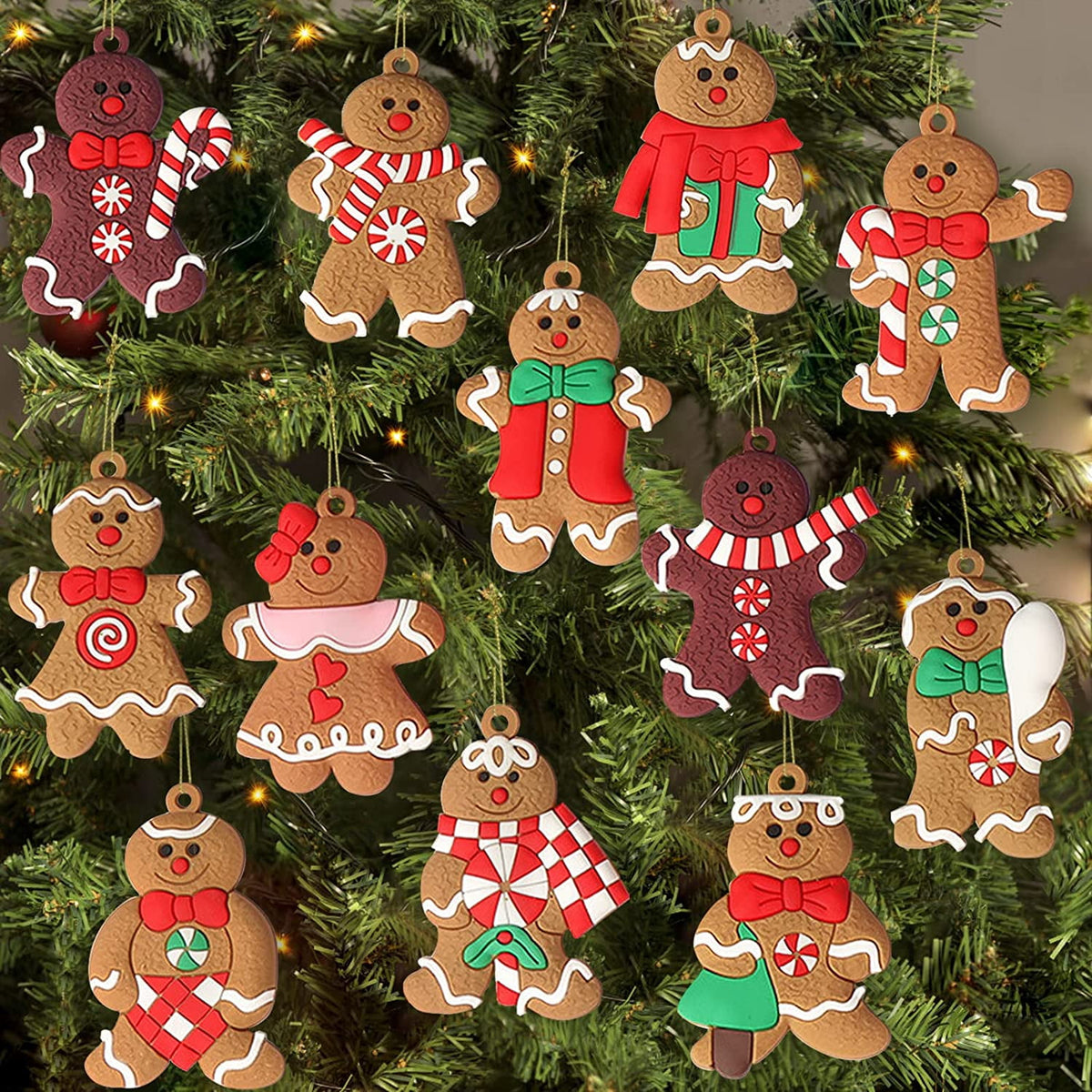 HadinEEon 12pcs Gingerbread Man Ornaments for Christmas Tree, Plastic Gingerbread Figurines Hanging Decorations, 3inch