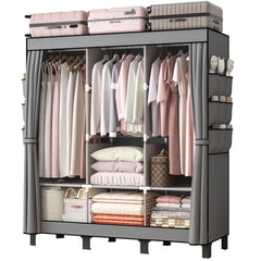 HadinEEon Portable Closet, 51-inch Wardrobe Storage with 3 Hanging Rods, 6 Shelves, Side Pocket, Non-Woven Fabric, Grey